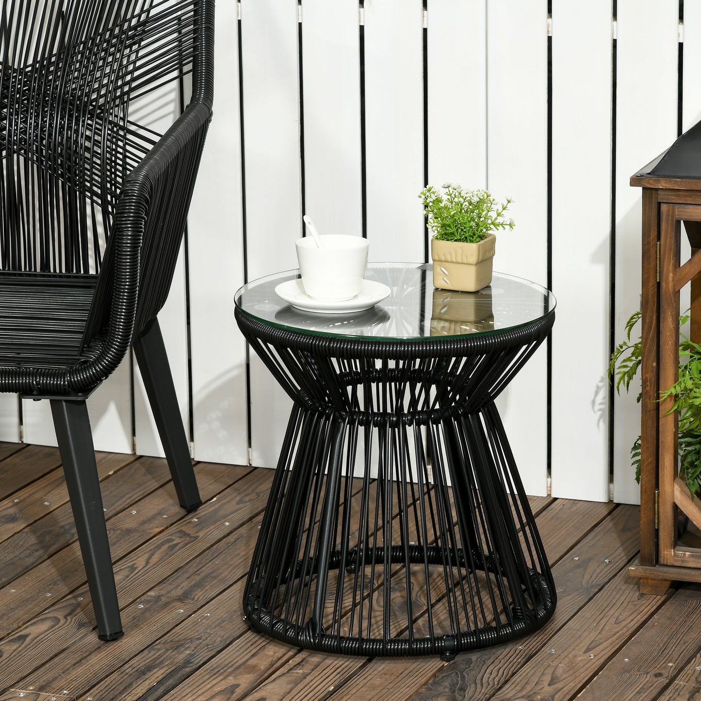 Freestanding End Table, Round Hollow Drum Design Side Table with Round PE Rattan and Tempered Glass Tabletop for Patio, Garden, Balcony, Black