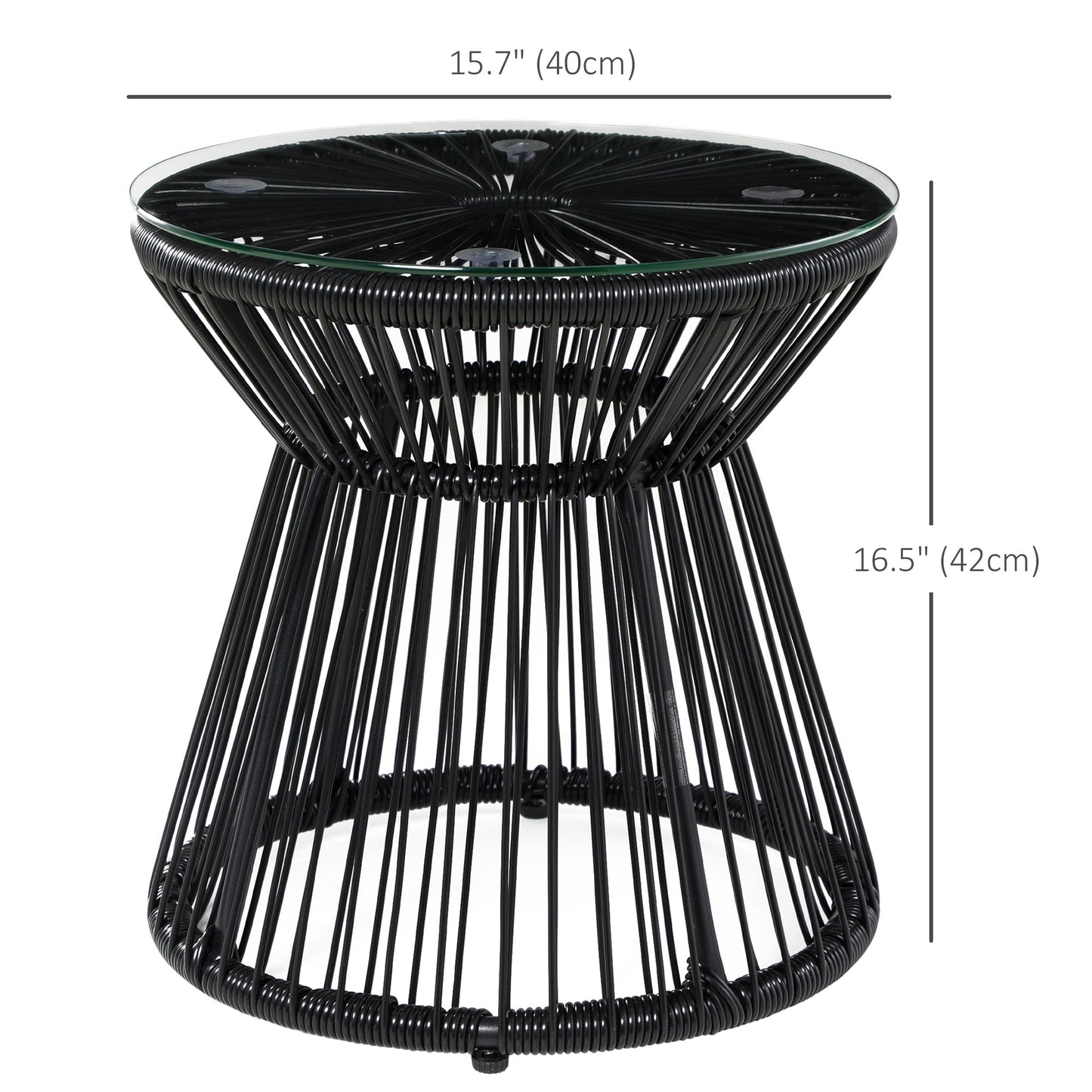Freestanding End Table, Round Hollow Drum Design Side Table with Round PE Rattan and Tempered Glass Tabletop for Patio, Garden, Balcony, Black
