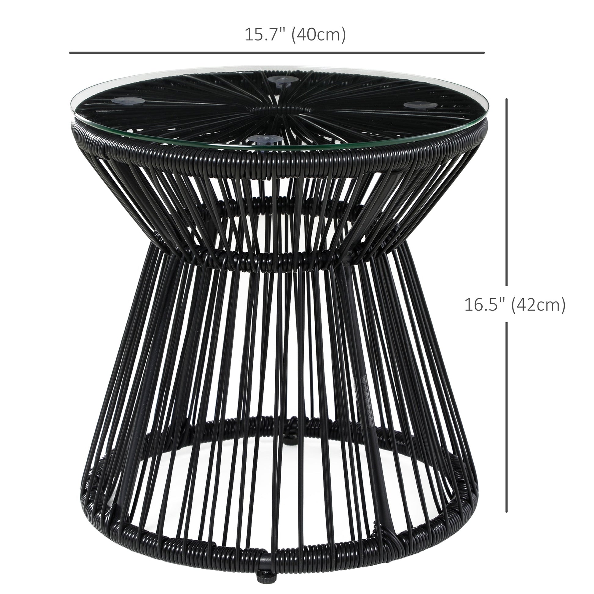 Freestanding End Table, Round Hollow Drum Design Side Table with Round PE Rattan and Tempered Glass Tabletop for Patio, Garden, Balcony, Black