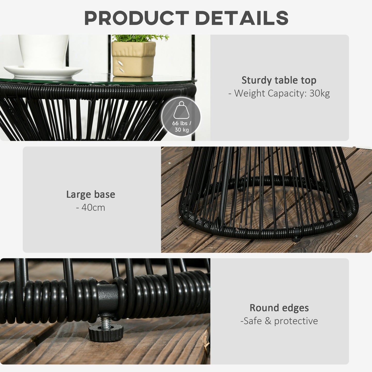 Freestanding End Table, Round Hollow Drum Design Side Table with Round PE Rattan and Tempered Glass Tabletop for Patio, Garden, Balcony, Black