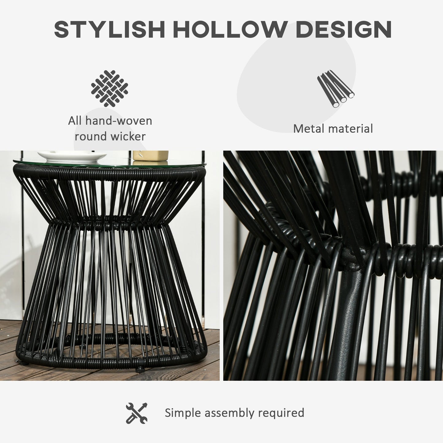 Freestanding End Table, Round Hollow Drum Design Side Table with Round PE Rattan and Tempered Glass Tabletop for Patio, Garden, Balcony, Black