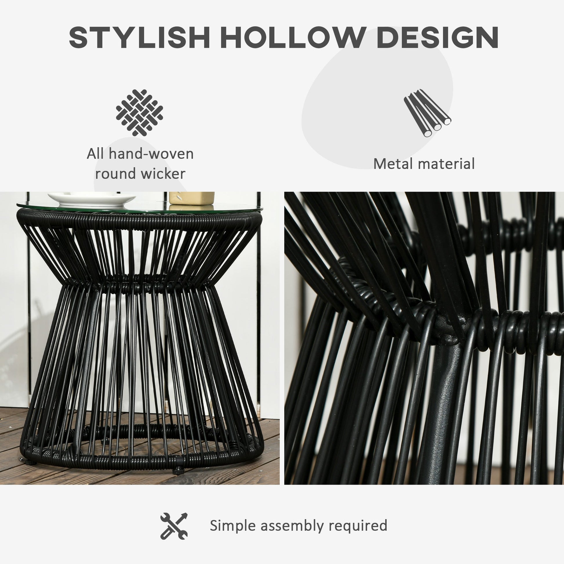 Freestanding End Table, Round Hollow Drum Design Side Table with Round PE Rattan and Tempered Glass Tabletop for Patio, Garden, Balcony, Black