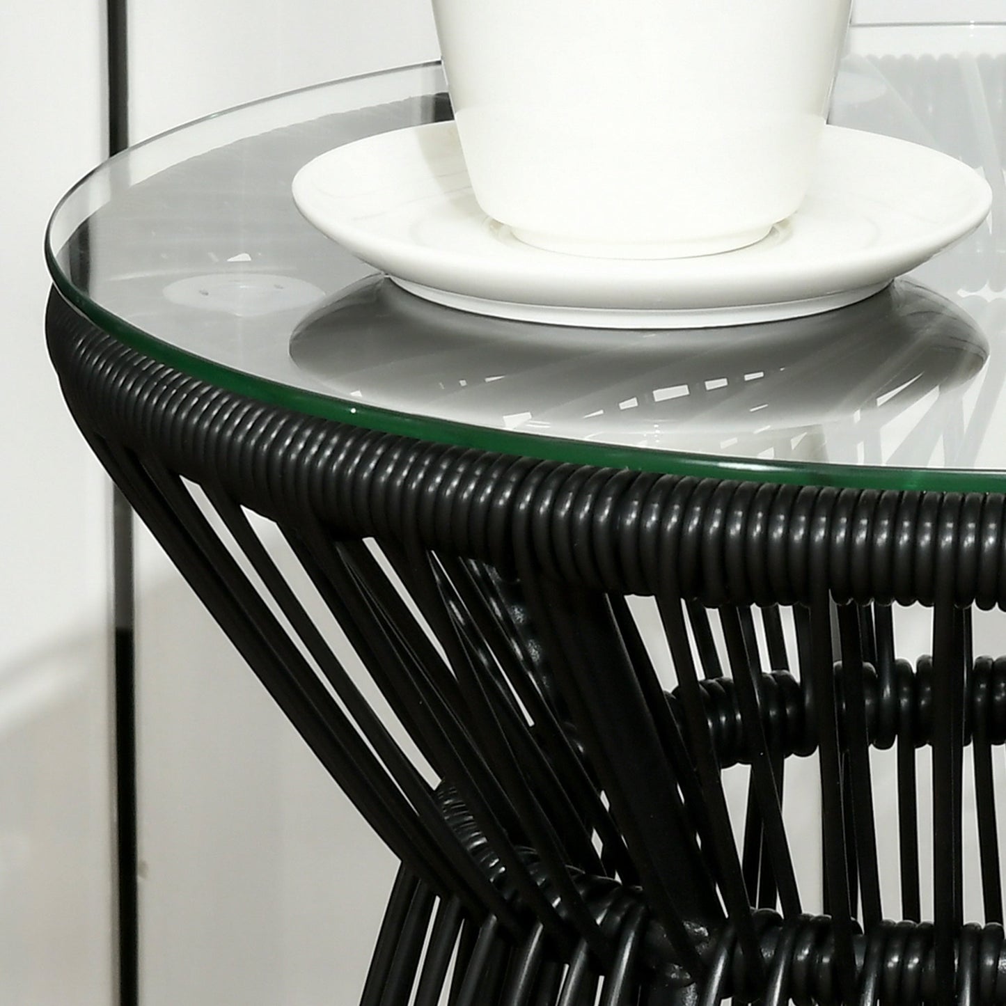 Freestanding End Table, Round Hollow Drum Design Side Table with Round PE Rattan and Tempered Glass Tabletop for Patio, Garden, Balcony, Black