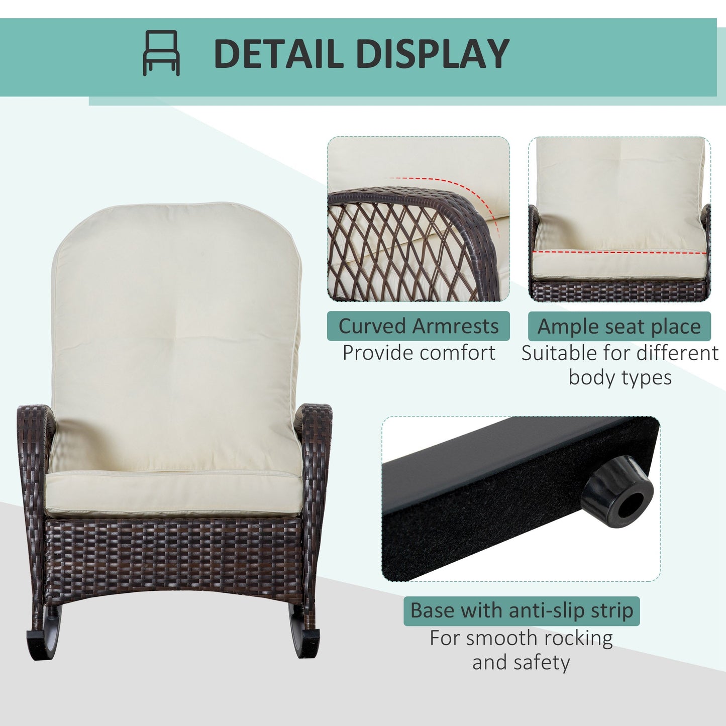 Rattan Rocking Chair, Outdoor Wicker Patio Rocker Chair Furniture with Thick Cushions, for Garden Backyard Porch, Cream White
