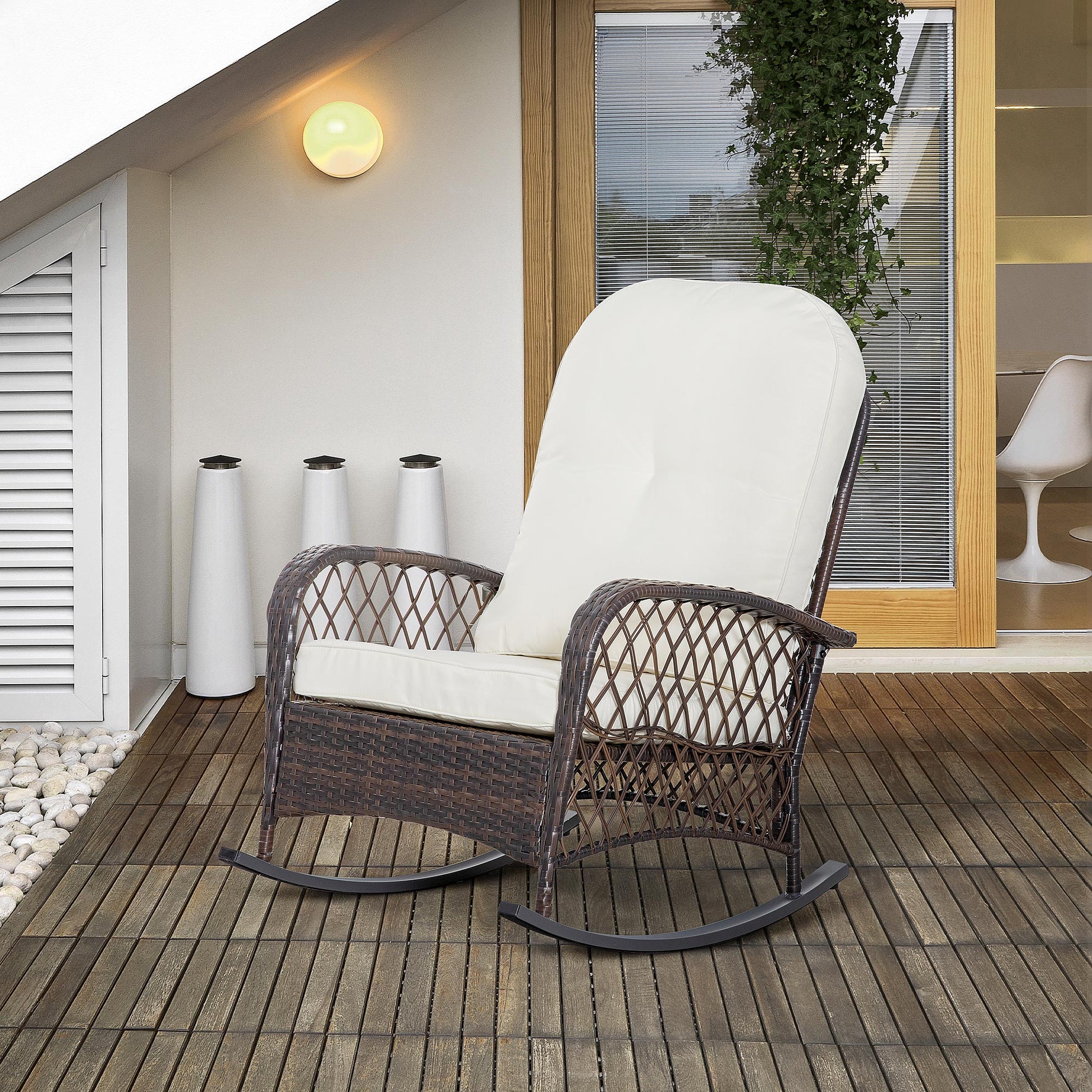 Rattan Rocking Chair, Outdoor Wicker Patio Rocker Chair Furniture with Thick Cushions, for Garden Backyard Porch, Cream White