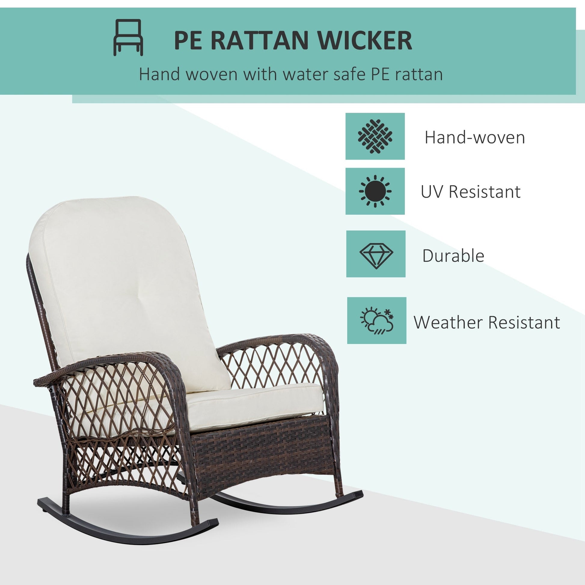 Rattan Rocking Chair, Outdoor Wicker Patio Rocker Chair Furniture with Thick Cushions, for Garden Backyard Porch, Cream White