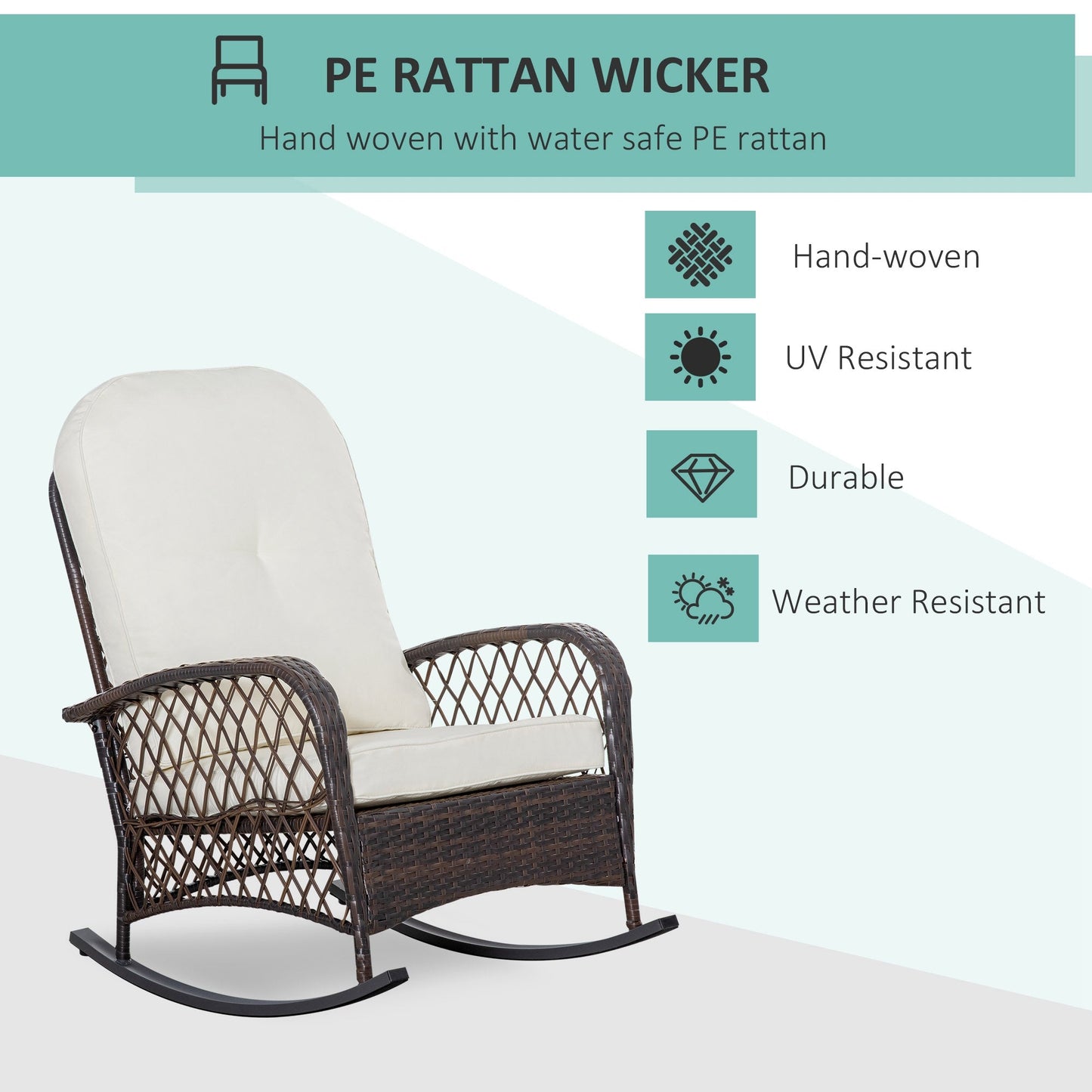 Rattan Rocking Chair, Outdoor Wicker Patio Rocker Chair Furniture with Thick Cushions, for Garden Backyard Porch, Cream White