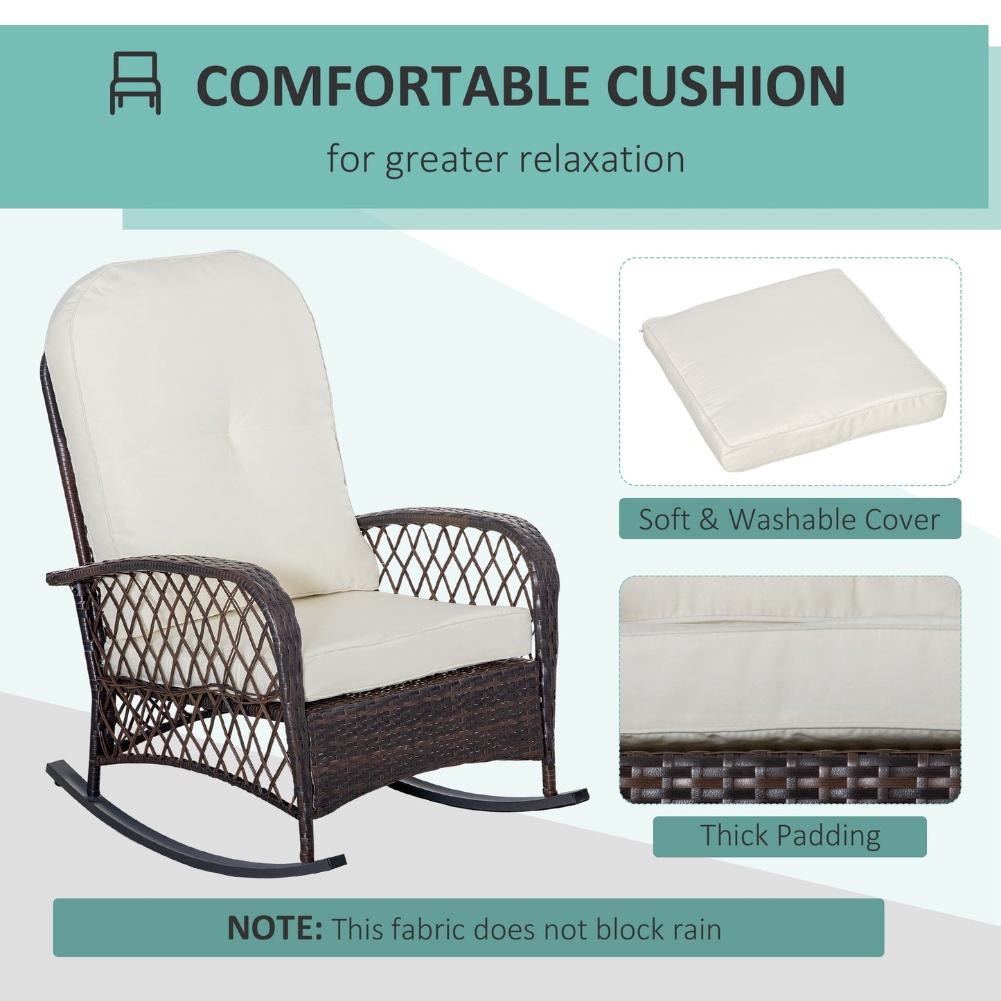 Rattan Rocking Chair, Outdoor Wicker Patio Rocker Chair Furniture with Thick Cushions, for Garden Backyard Porch, Cream White
