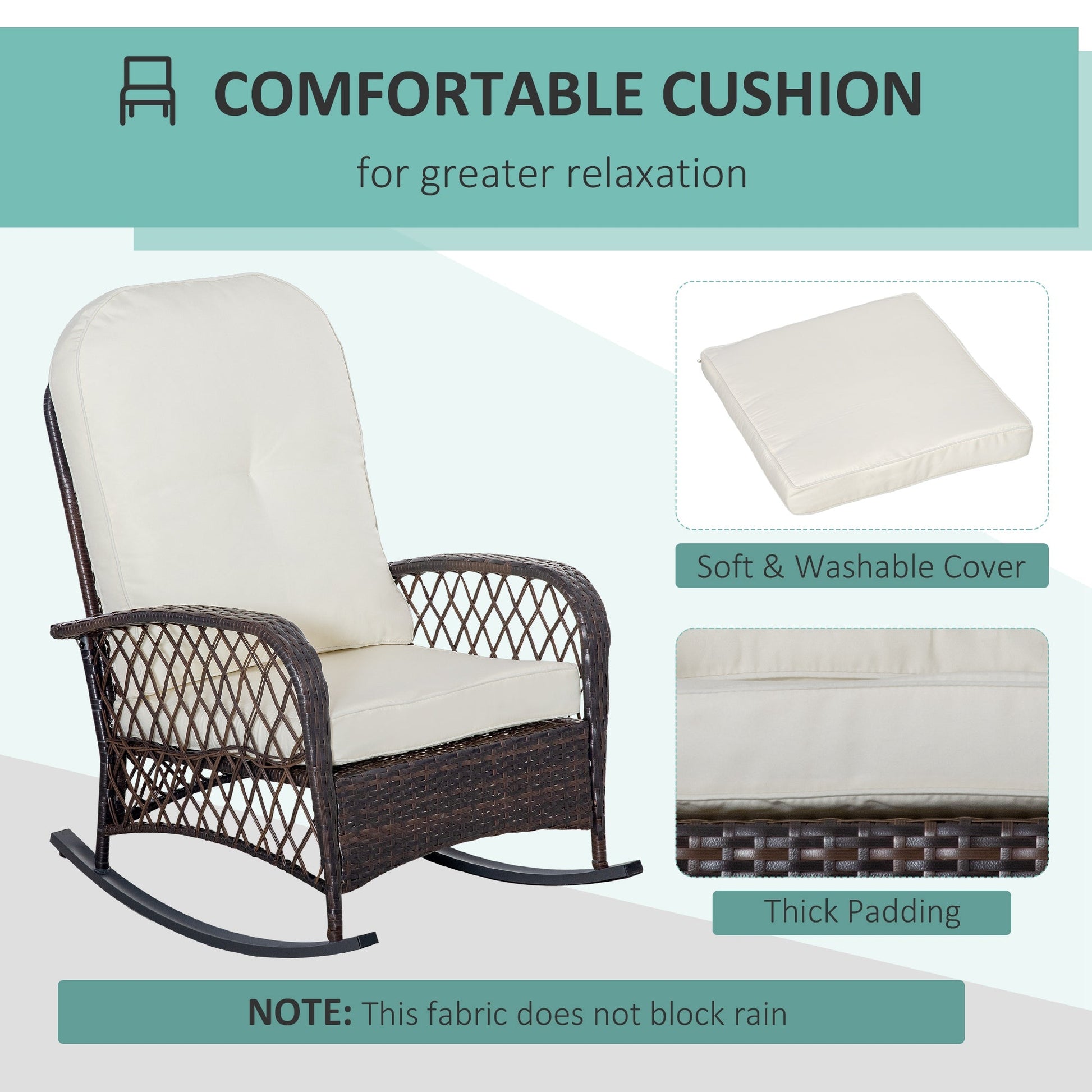 Rattan Rocking Chair, Outdoor Wicker Patio Rocker Chair Furniture with Thick Cushions, for Garden Backyard Porch, Cream White