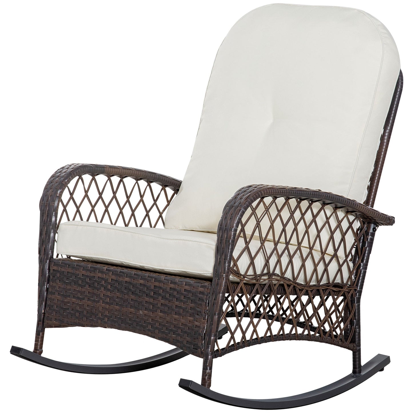 Rattan Rocking Chair, Outdoor Wicker Patio Rocker Chair Furniture with Thick Cushions, for Garden Backyard Porch, Cream White