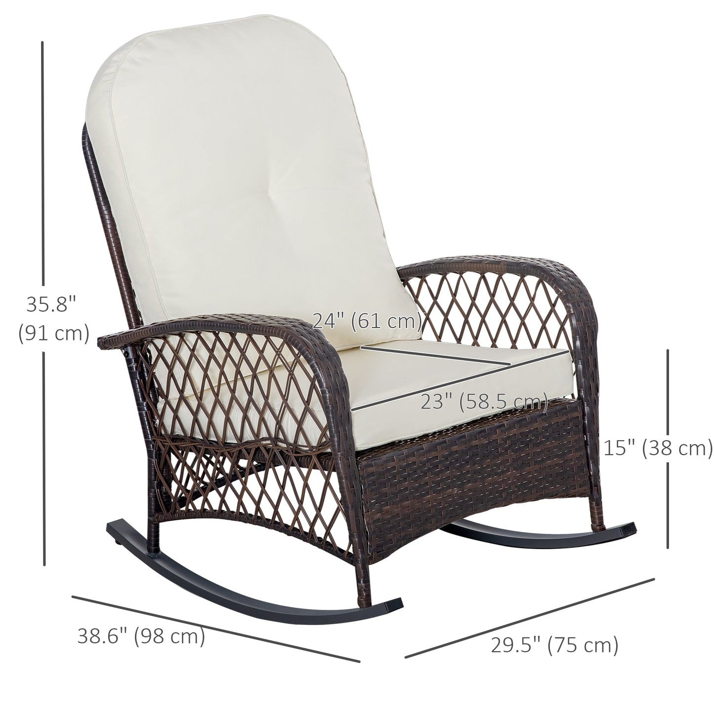 Rattan Rocking Chair, Outdoor Wicker Patio Rocker Chair Furniture with Thick Cushions, for Garden Backyard Porch, Cream White