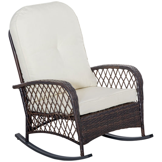 Rattan Rocking Chair, Outdoor Wicker Patio Rocker Chair Furniture with Thick Cushions, for Garden Backyard Porch, Cream White