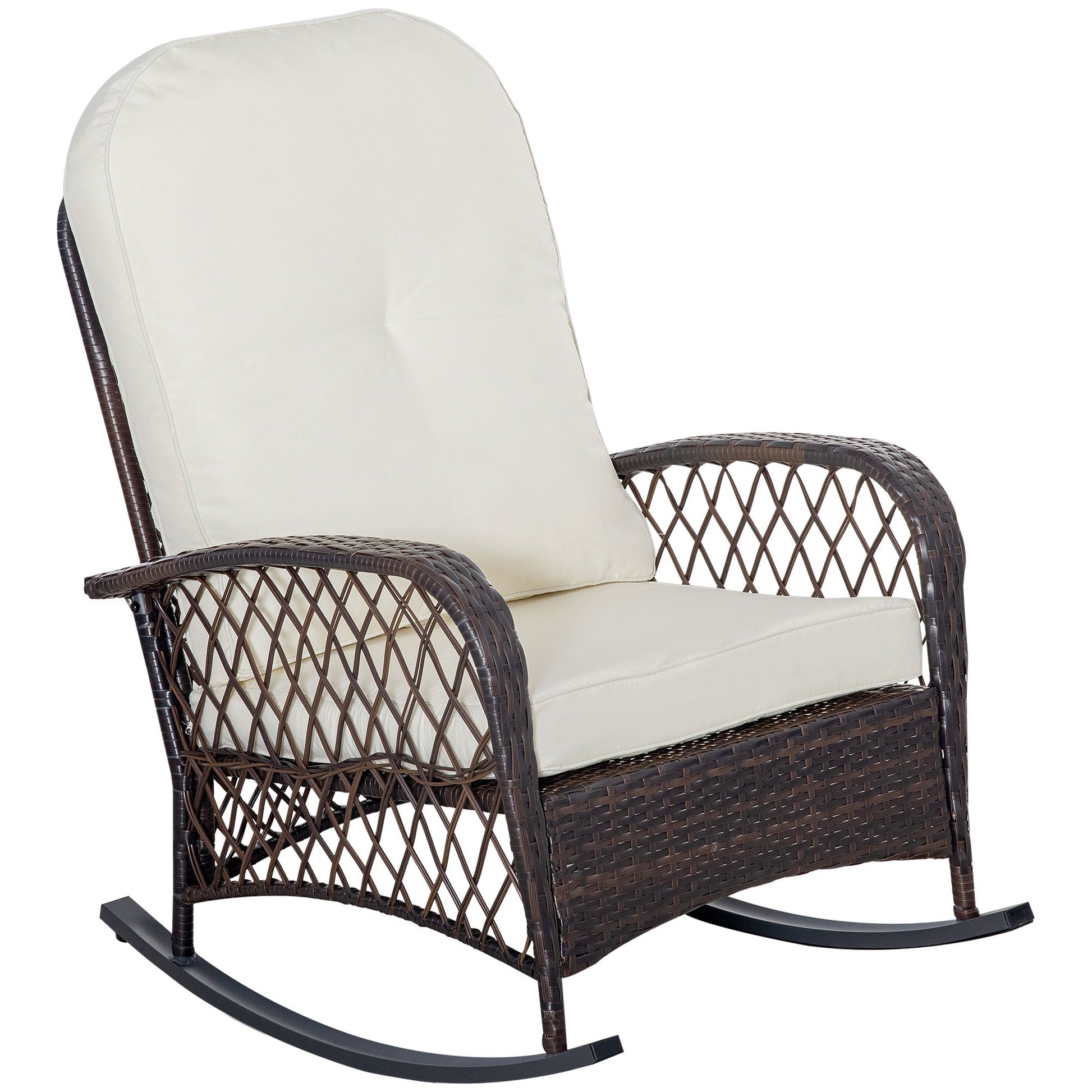 Rattan Rocking Chair, Outdoor Wicker Patio Rocker Chair Furniture with Thick Cushions, for Garden Backyard Porch, Cream White