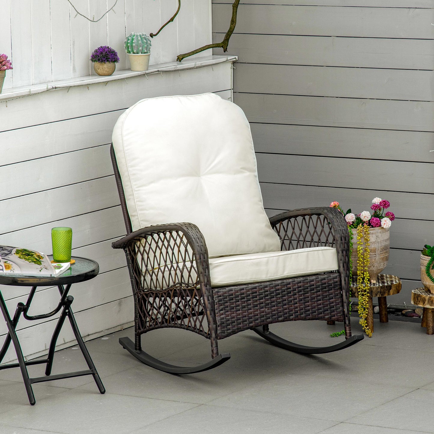 Rattan Rocking Chair, Outdoor Wicker Patio Rocker Chair Furniture with Thick Cushions, for Garden Backyard Porch, Cream White