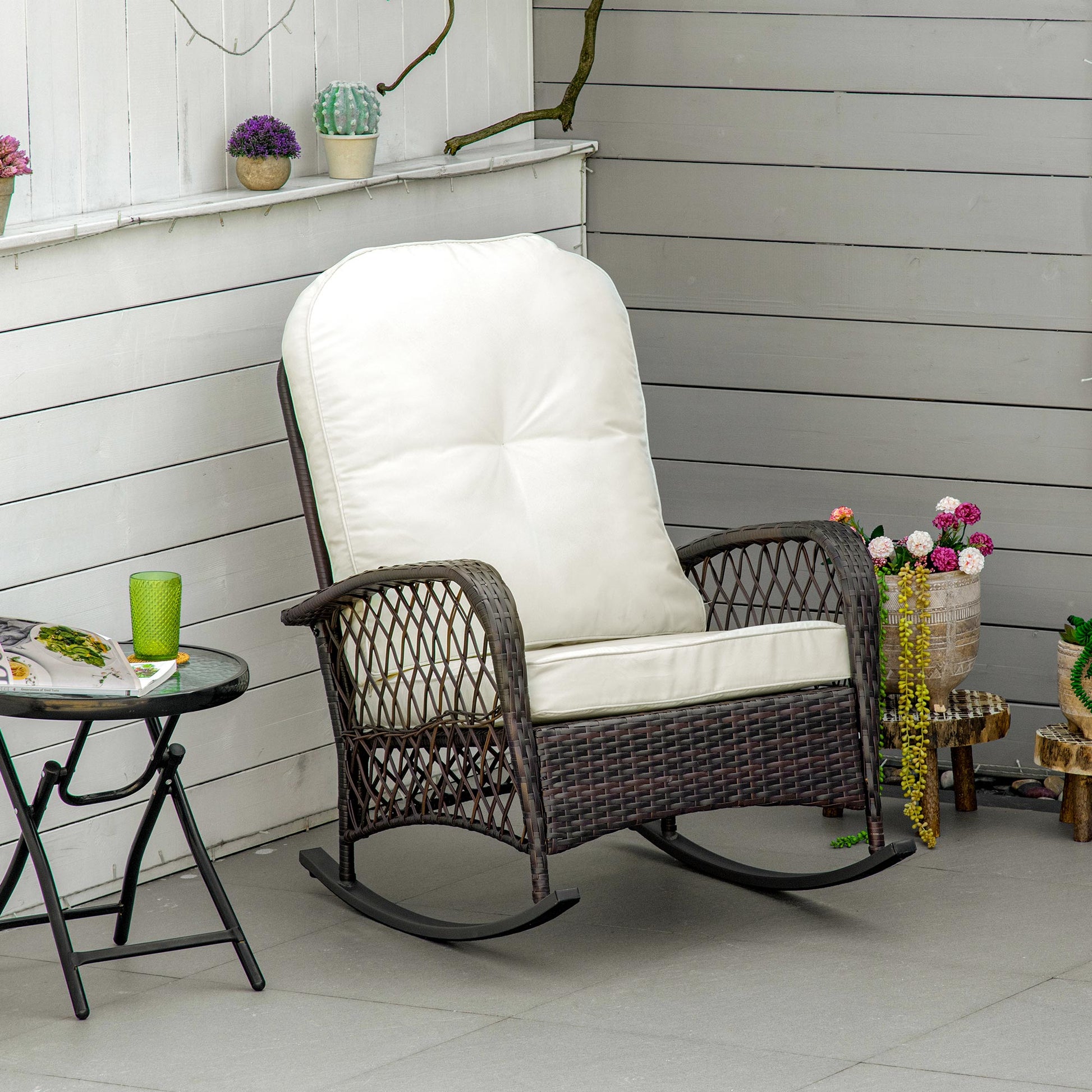 Rattan Rocking Chair, Outdoor Wicker Patio Rocker Chair Furniture with Thick Cushions, for Garden Backyard Porch, Cream White
