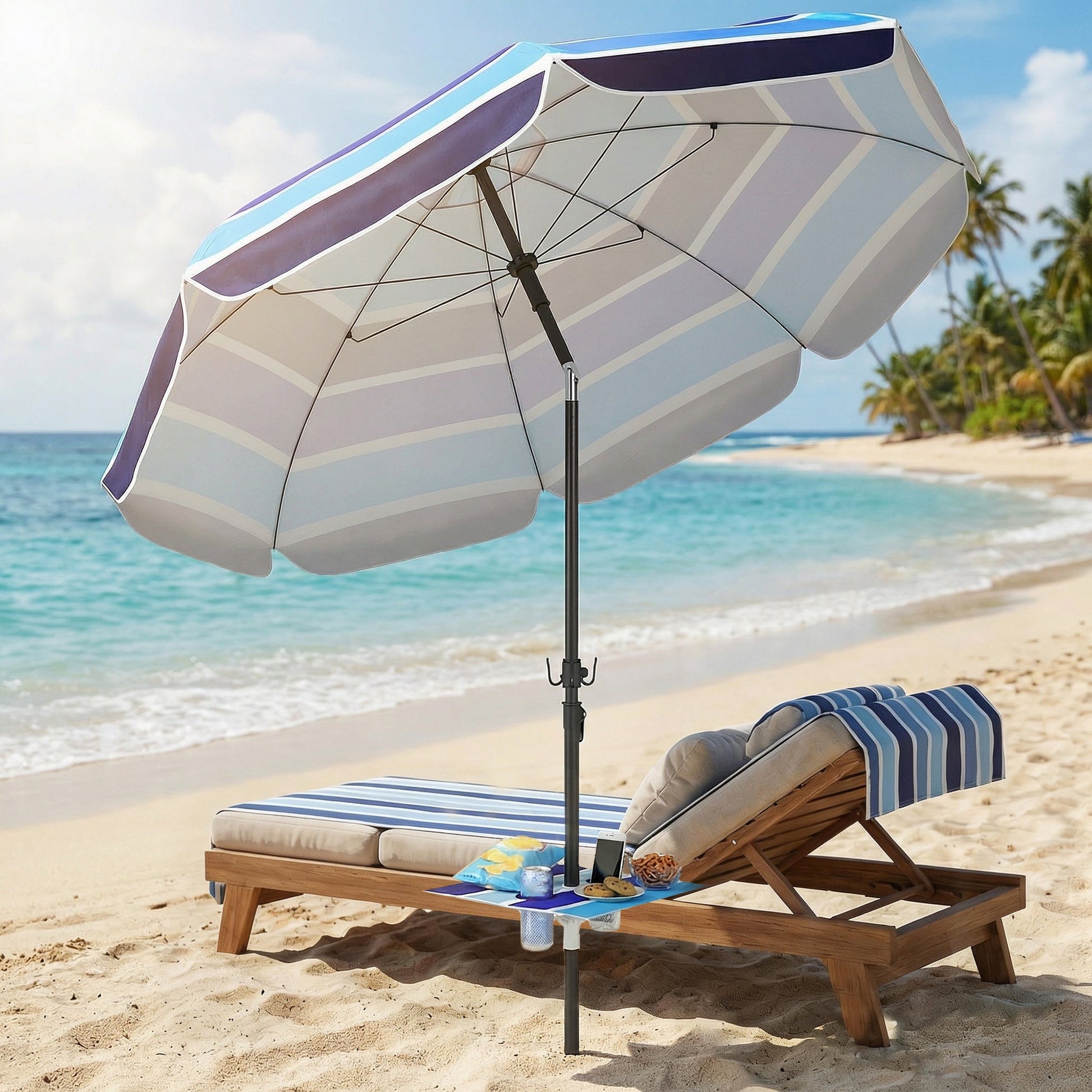 78" Beach Umbrella with Foldable Table and Cup Holder, Adjustable Tilt, Portable with Carry Bag and Hook for Outdoor, Patio, Beach, Multicolor