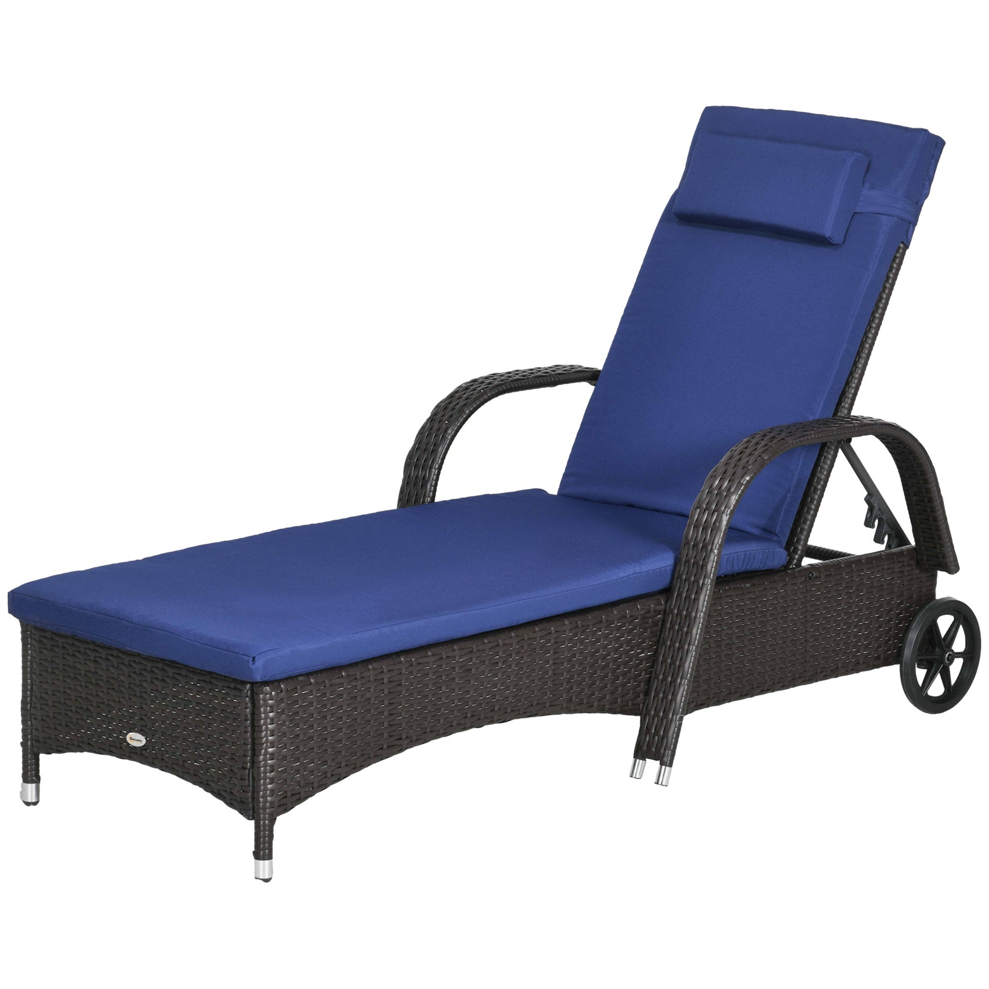 Wicker Chaise Lounge, Outdoor Lounge Chair, PE Rattan Patio Sun lounger with Head-rest, 5-Level Height Adjust Backrest, Cushion, & Wheels, Deep Coffee and Navy Blue