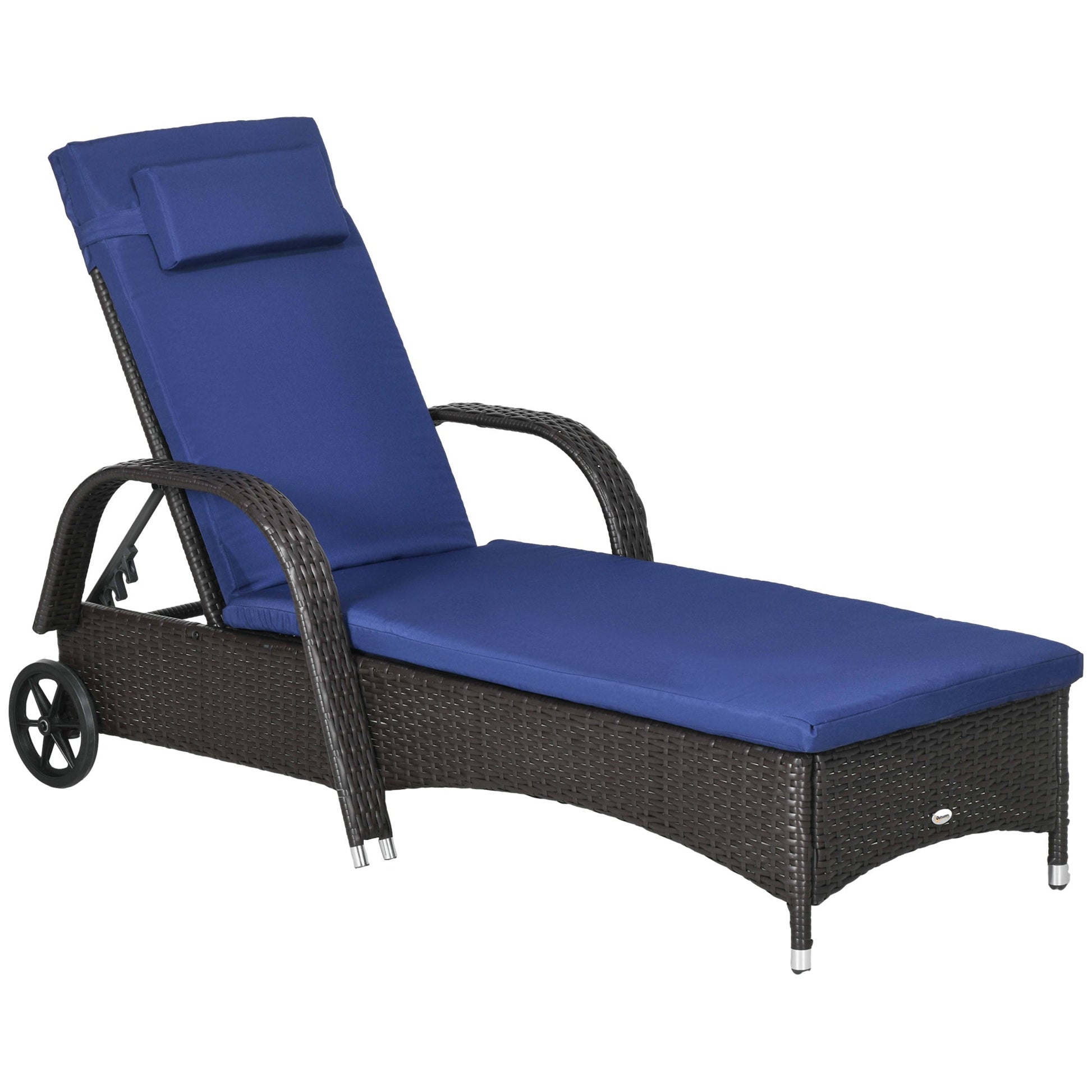 Wicker Chaise Lounge, Outdoor Lounge Chair, PE Rattan Patio Sun lounger with Head-rest, 5-Level Height Adjust Backrest, Cushion, & Wheels, Deep Coffee and Navy Blue