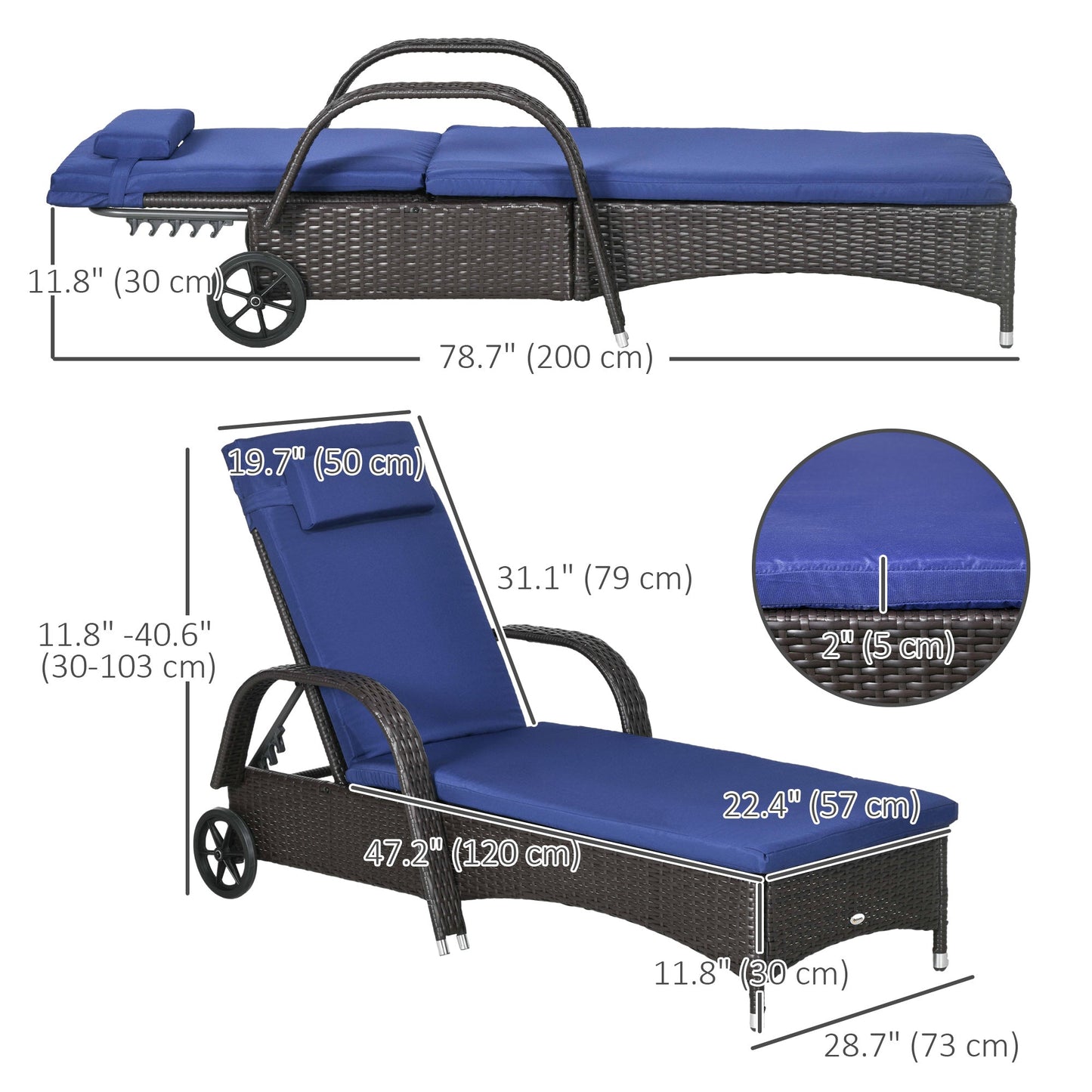 Wicker Chaise Lounge, Outdoor Lounge Chair, PE Rattan Patio Sun lounger with Head-rest, 5-Level Height Adjust Backrest, Cushion, & Wheels, Deep Coffee and Navy Blue