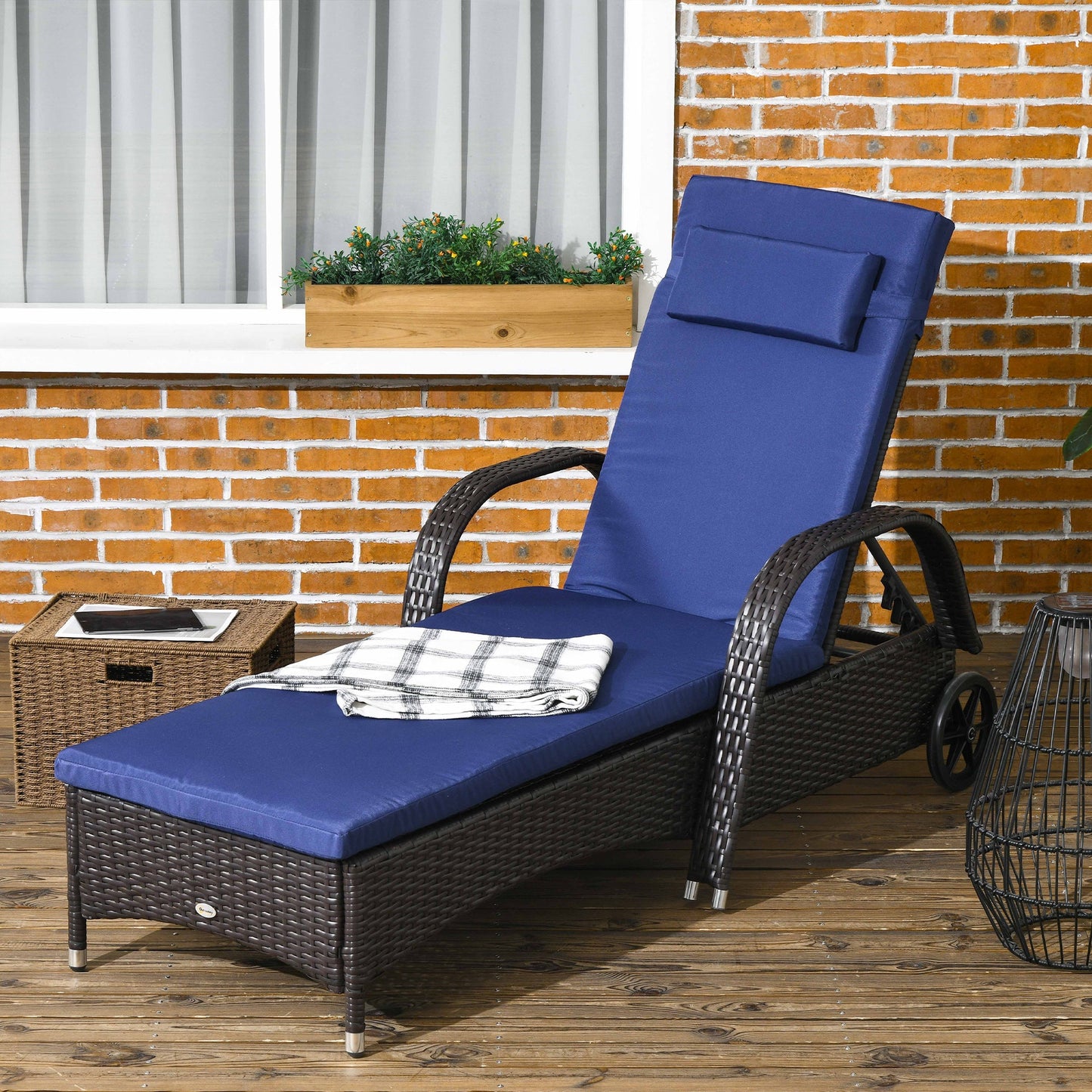Wicker Chaise Lounge, Outdoor Lounge Chair, PE Rattan Patio Sun lounger with Head-rest, 5-Level Height Adjust Backrest, Cushion, & Wheels, Deep Coffee and Navy Blue