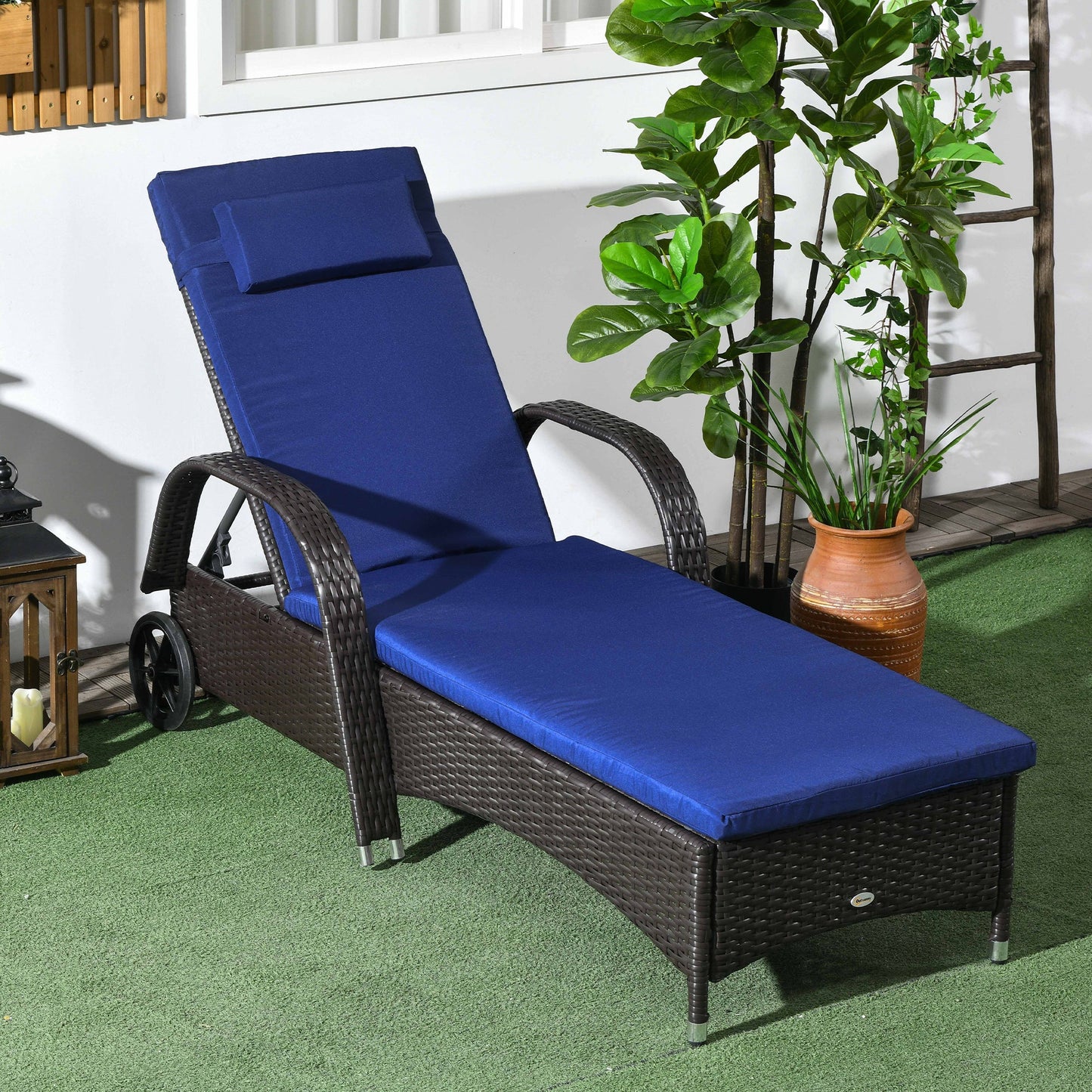 Wicker Chaise Lounge, Outdoor Lounge Chair, PE Rattan Patio Sun lounger with Head-rest, 5-Level Height Adjust Backrest, Cushion, & Wheels, Deep Coffee and Navy Blue