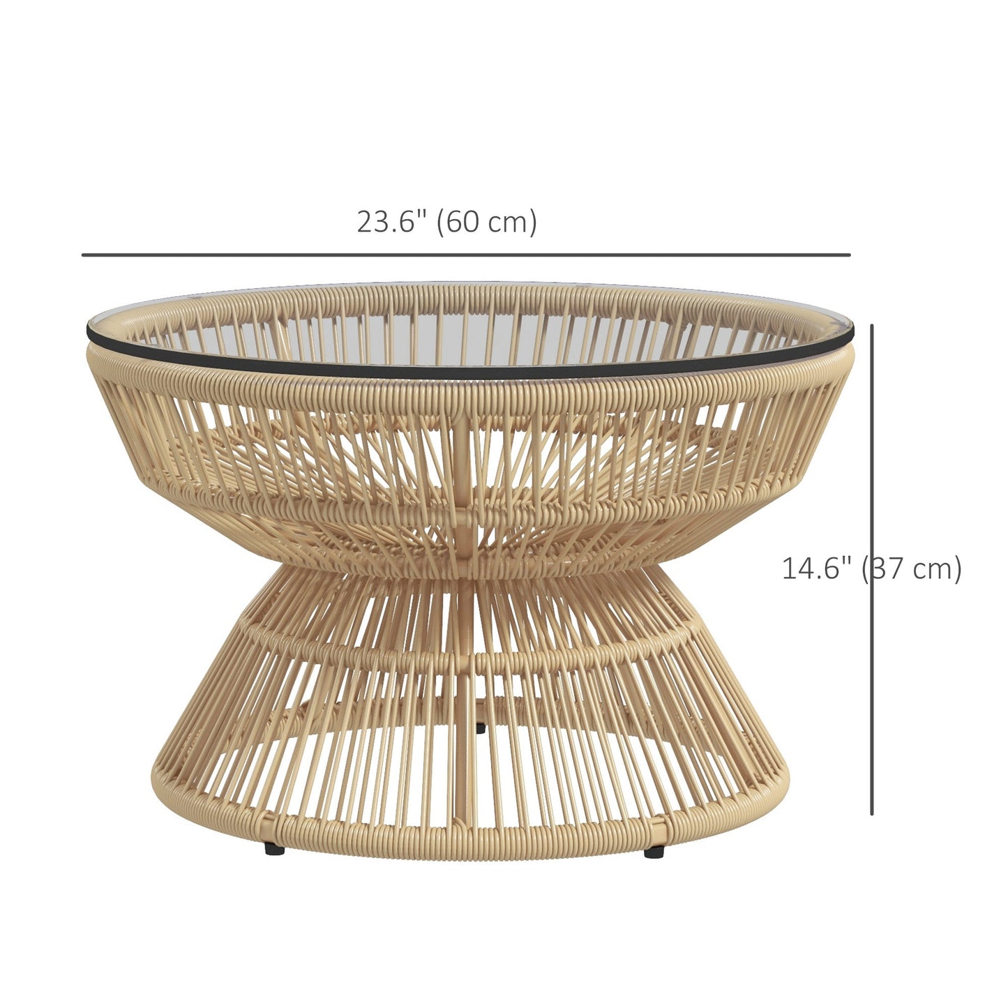 Rattan Outdoor Coffee Table, Patio End Table with Tempered Glass Tabletop & Steel Frame, Round Side Table Wicker Furniture for Backyard Lawn Balcony, Nature Wood