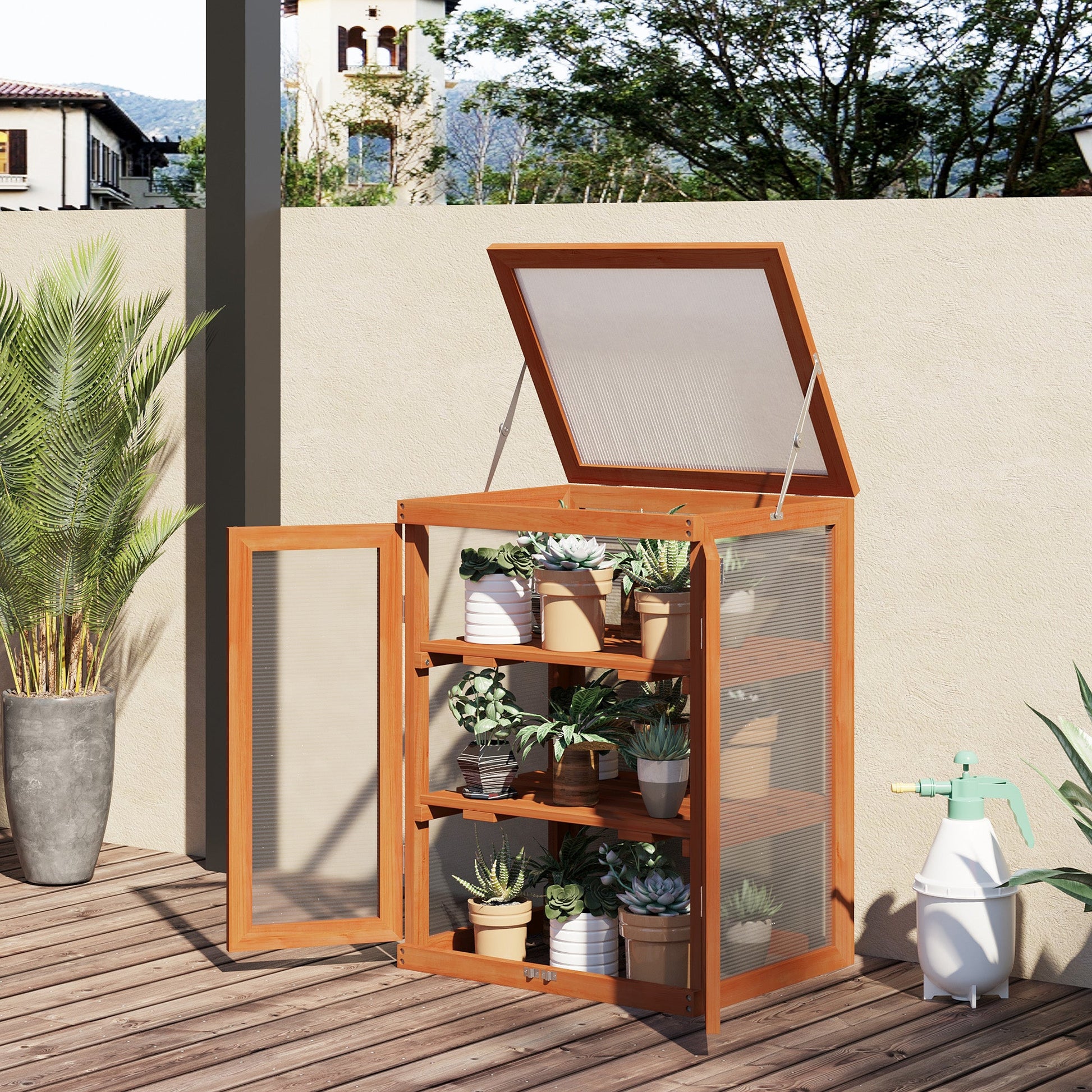 Wooden 2 Tier Cold Frame Greenhouse Polycarbonate Plant Grow House Portable Garden, Orange