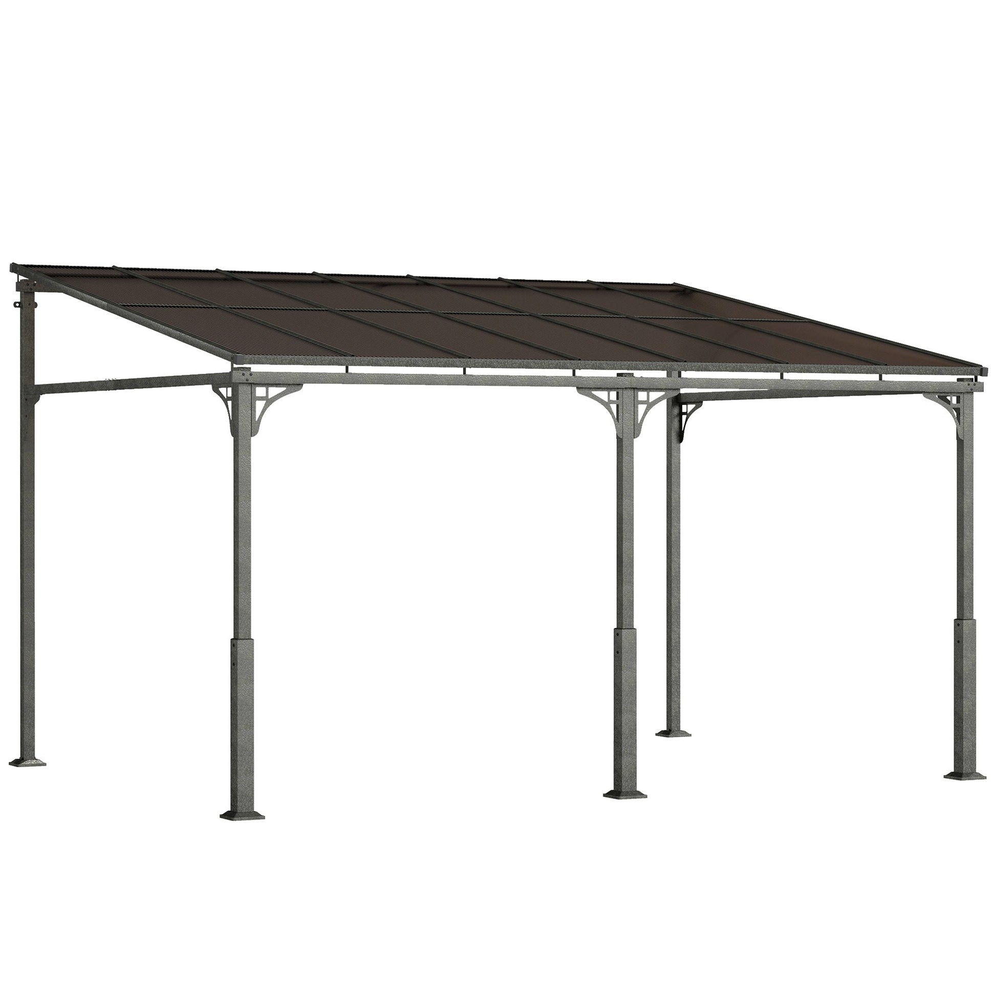 13' x 10' Lean to Gazebo, Hardtop Wall Mounted Outdoor Pergola with Polycarbonate Roof and Metal-Aluminium Frame, Heavy Duty Metal Pergola for Patio Deck Backyard, Brown