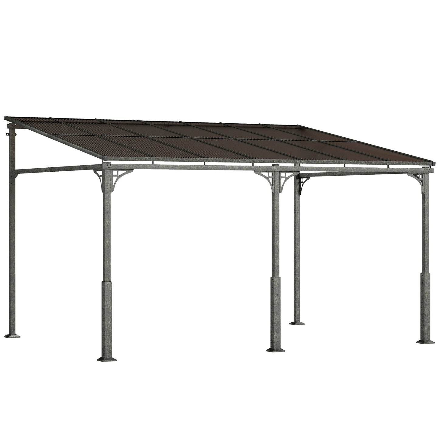 13' x 10' Lean to Gazebo, Hardtop Wall Mounted Outdoor Pergola with Polycarbonate Roof and Metal-Aluminium Frame, Heavy Duty Metal Pergola for Patio Deck Backyard, Brown