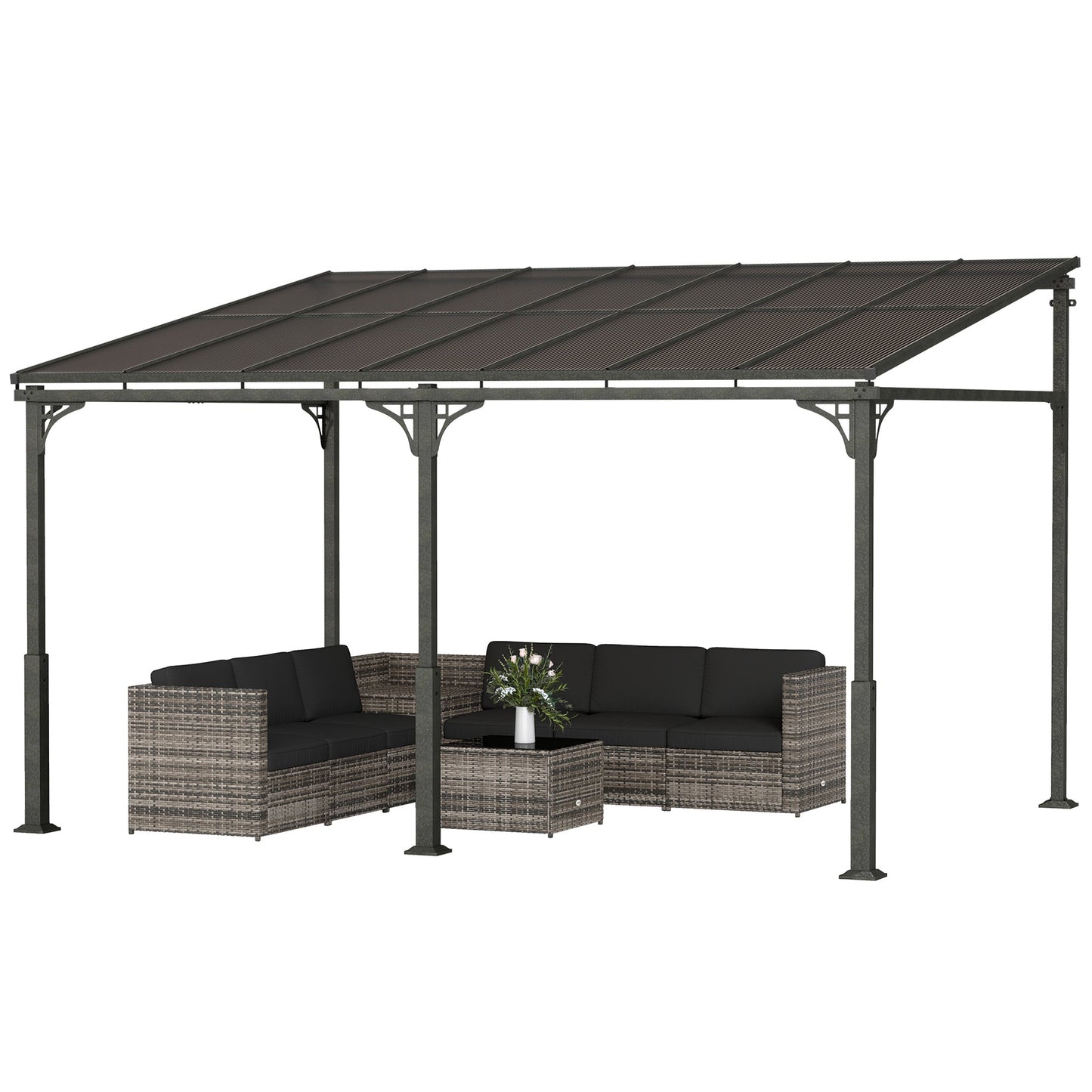 13' x 10' Lean to Gazebo, Hardtop Wall Mounted Outdoor Pergola with Polycarbonate Roof and Metal-Aluminium Frame, Heavy Duty Metal Pergola for Patio Deck Backyard, Brown
