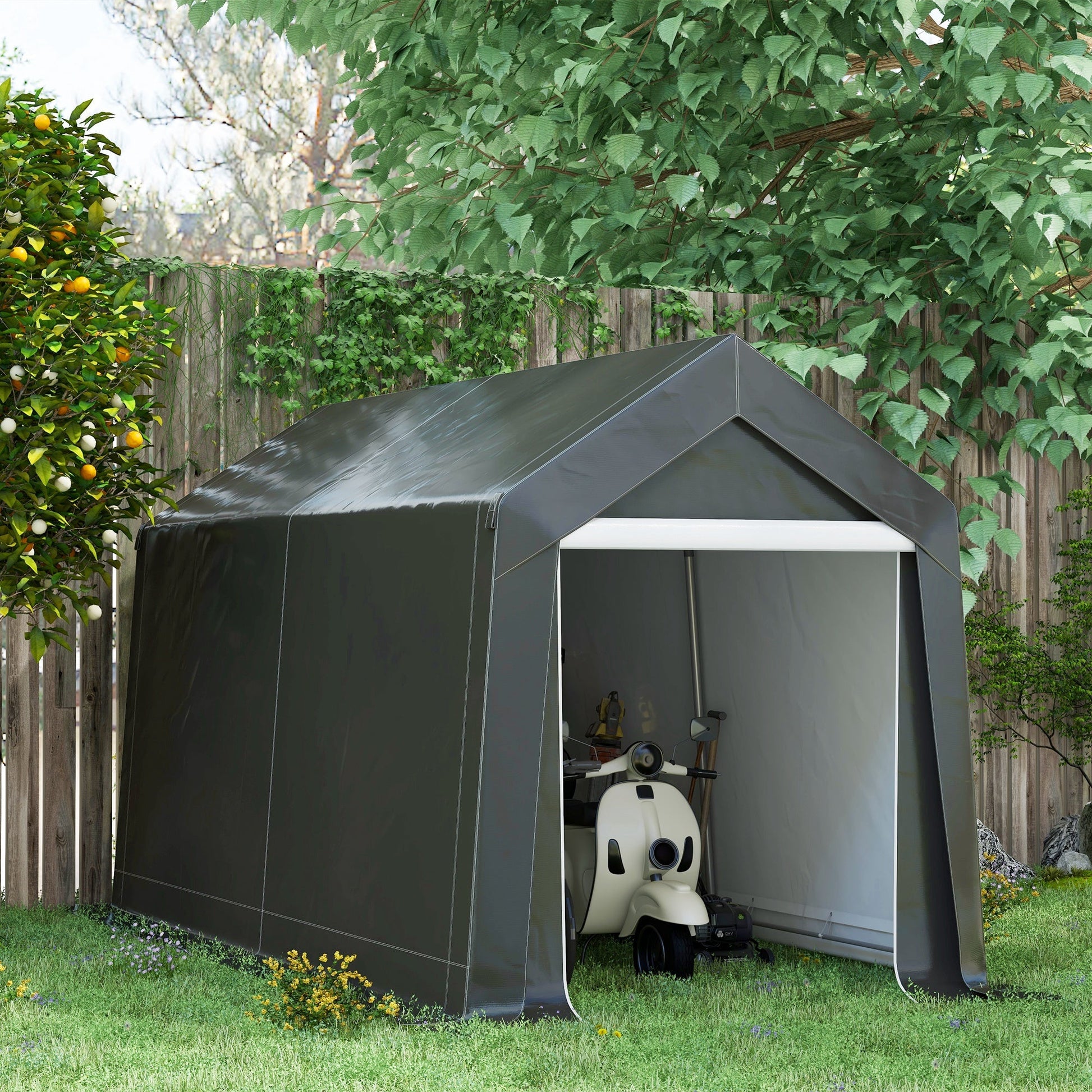 7' x 12' Portable Shed, Outdoor Storage Shed Tent with Galvanised Steel Frame and Roll-up Door for Motorcycle, Bike, Garden Tools, Dark Grey