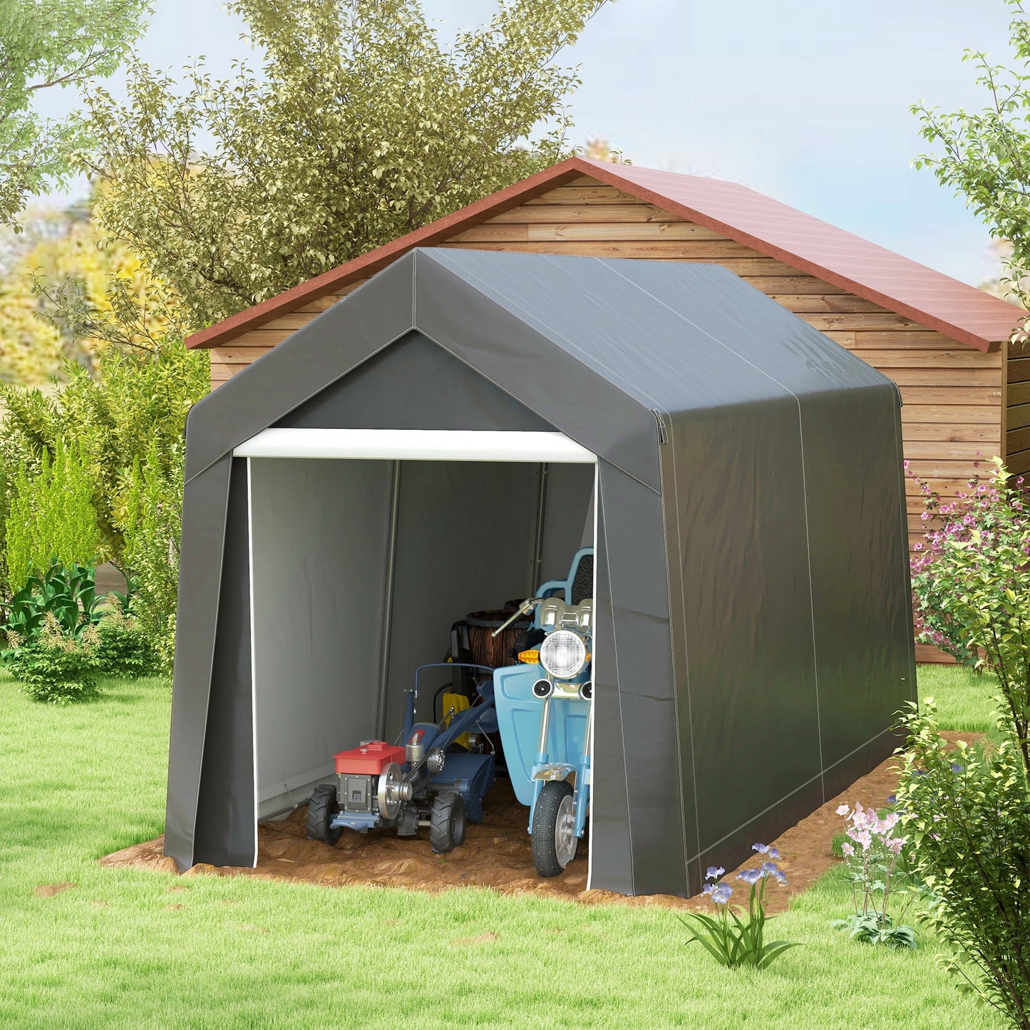 7' x 12' Portable Shed, Outdoor Storage Shed Tent with Galvanised Steel Frame and Roll-up Door for Motorcycle, Bike, Garden Tools, Dark Grey