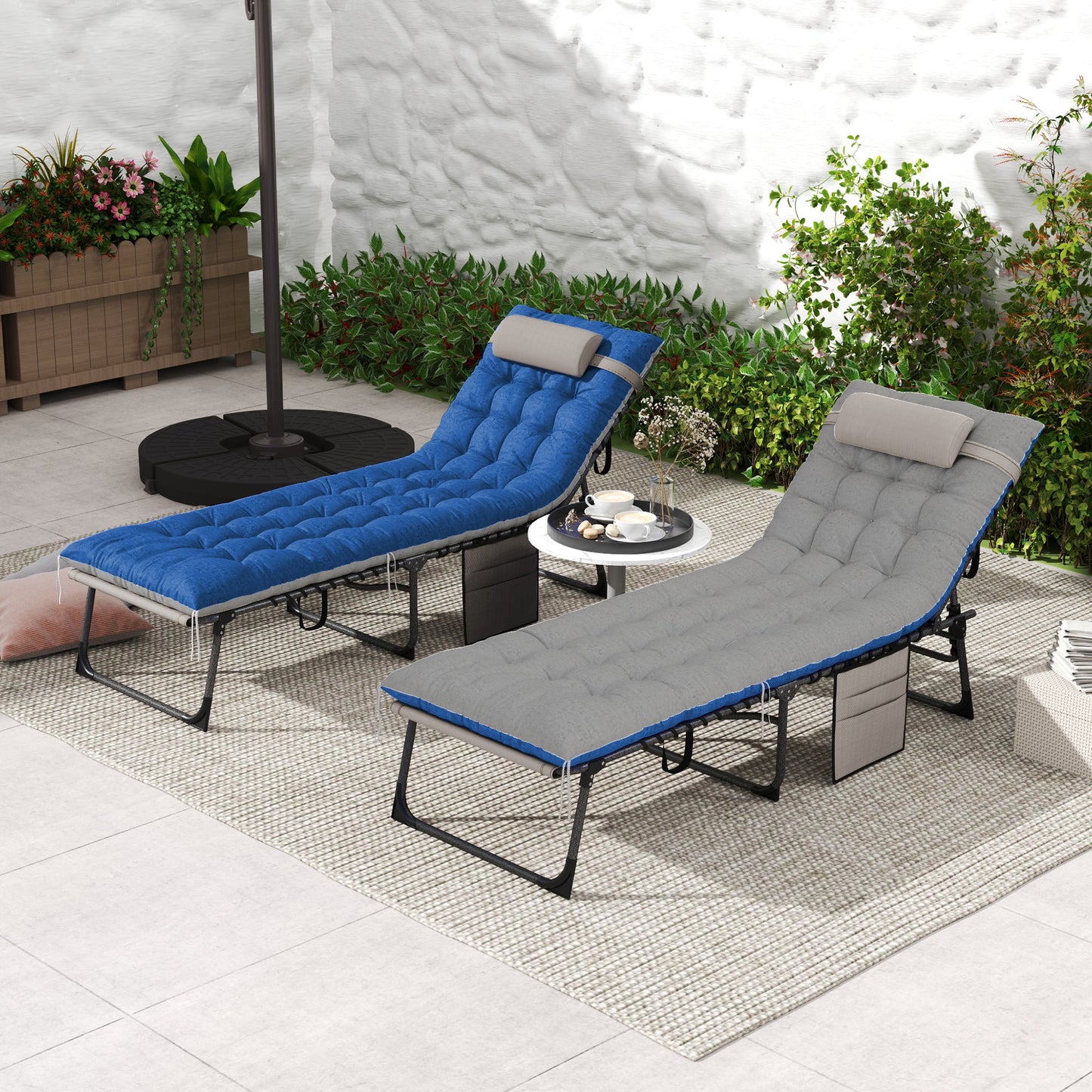 Folding Outdoor Lounge Chair Set of 2, 5-Position Reclining Patio Chaise Lounge Chairs, Tanning Chair with Cushion, Headrest, Side Pocket for Beach, Poolside, Brown/Blue