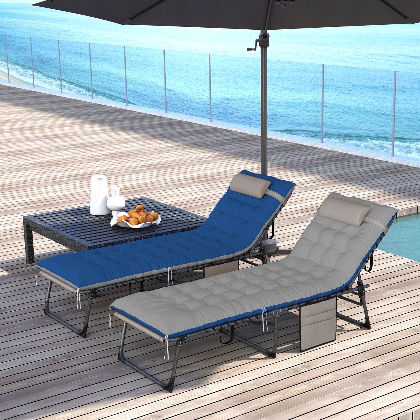 Folding Outdoor Lounge Chair Set of 2, 5-Position Reclining Patio Chaise Lounge Chairs, Tanning Chair with Cushion, Headrest, Side Pocket for Beach, Poolside, Brown/Blue