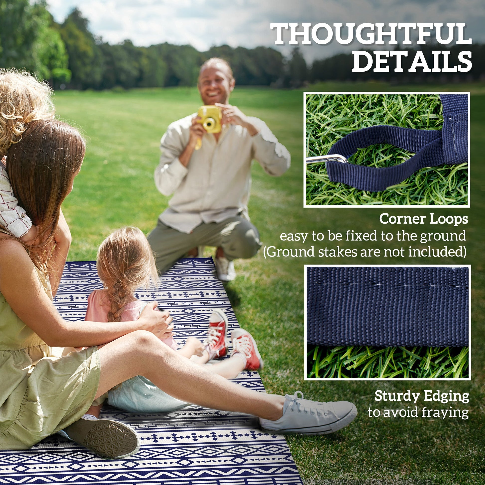 Reversible Outdoor RV Rug with Carry Bag, 9' x 18' Patio Floor Mat, Plastic Straw Rug for Backyard, Deck, Picnic, Beach, Camping, Geometric Wall, Blue and White