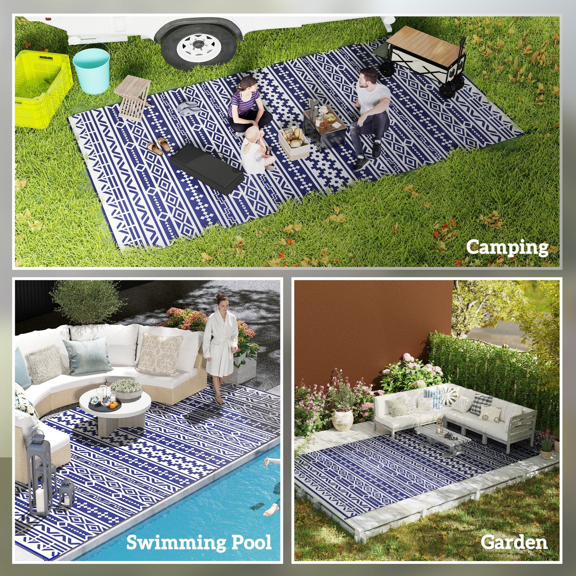 Reversible Outdoor RV Rug with Carry Bag, 9' x 18' Patio Floor Mat, Plastic Straw Rug for Backyard, Deck, Picnic, Beach, Camping, Geometric Wall, Blue and White