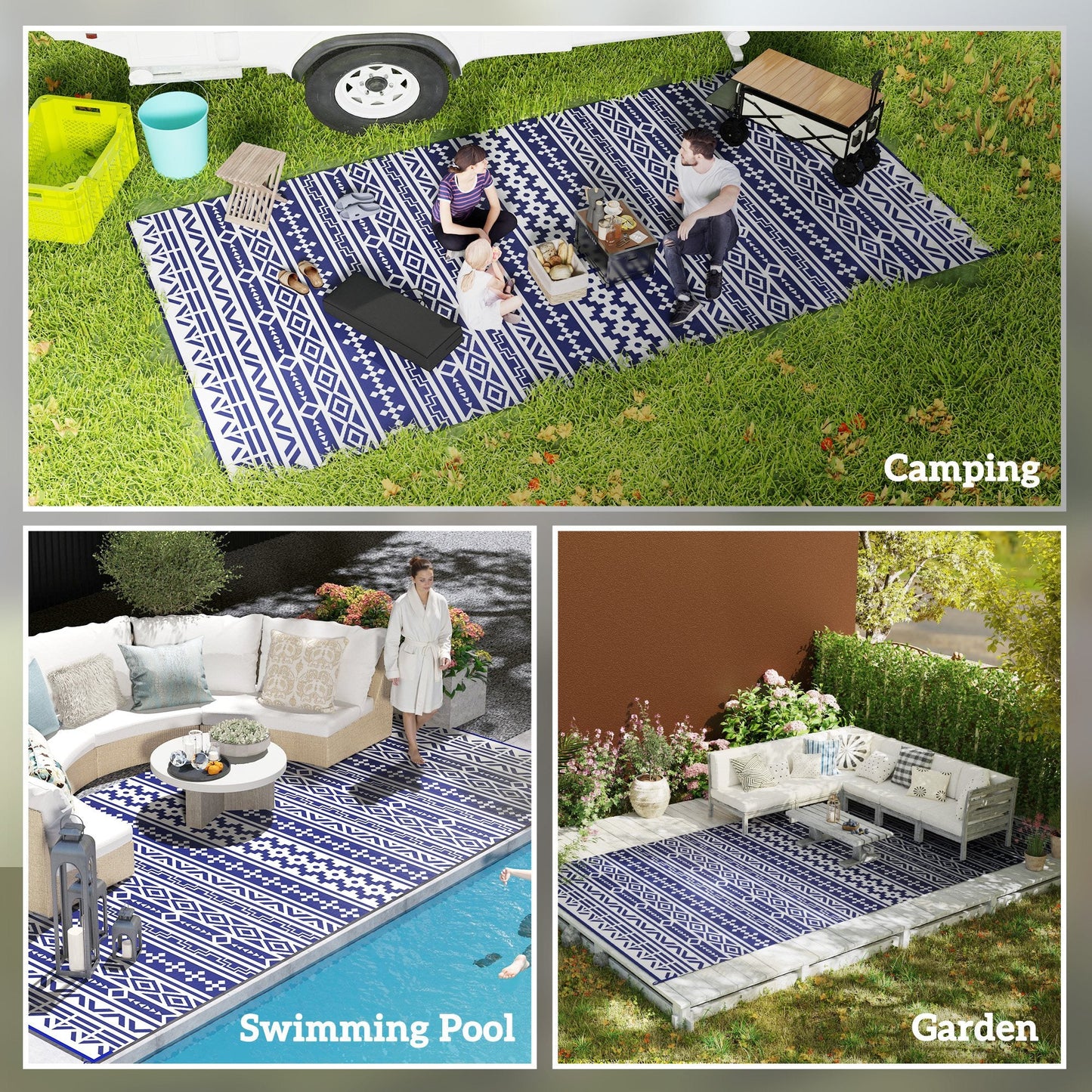 Reversible Outdoor RV Rug with Carry Bag, 9' x 18' Patio Floor Mat, Plastic Straw Rug for Backyard, Deck, Picnic, Beach, Camping, Geometric Wall, Blue and White