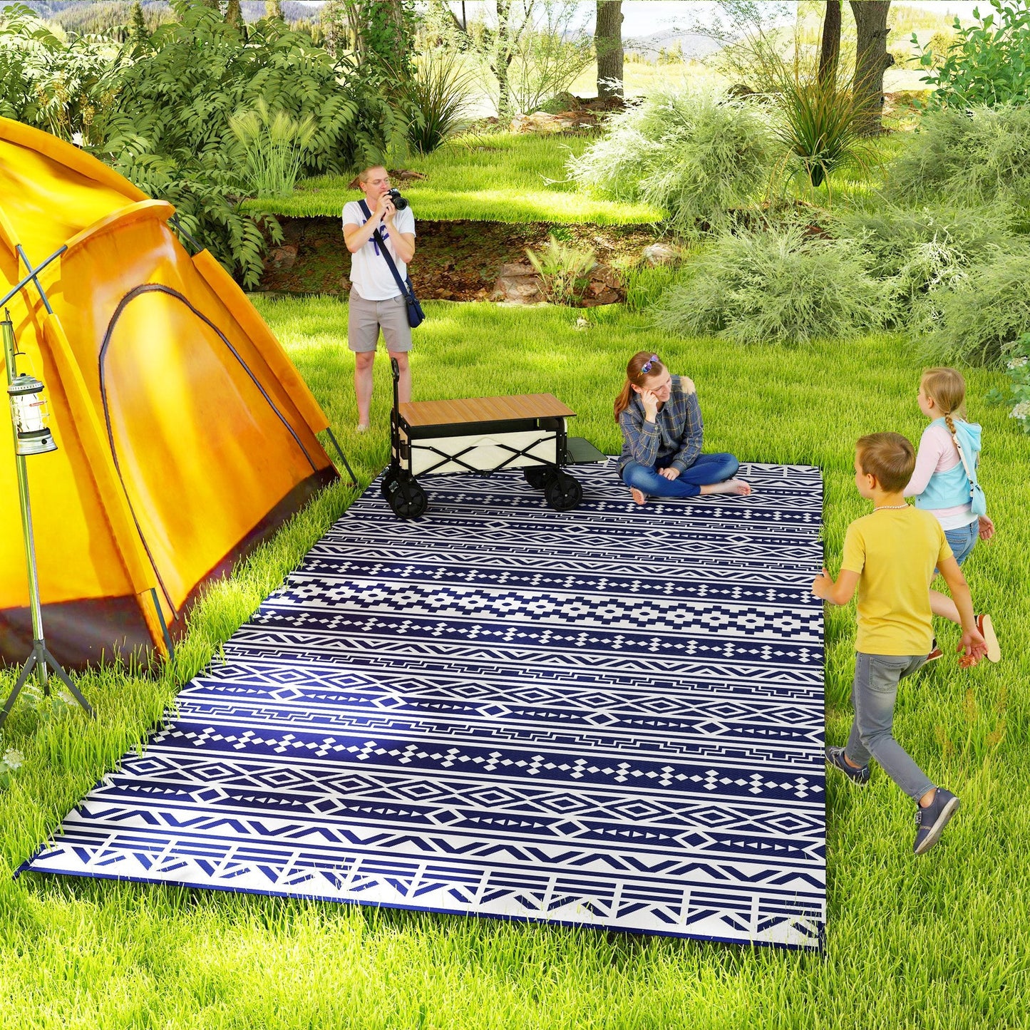 Reversible Outdoor RV Rug with Carry Bag, 9' x 18' Patio Floor Mat, Plastic Straw Rug for Backyard, Deck, Picnic, Beach, Camping, Geometric Wall, Blue and White