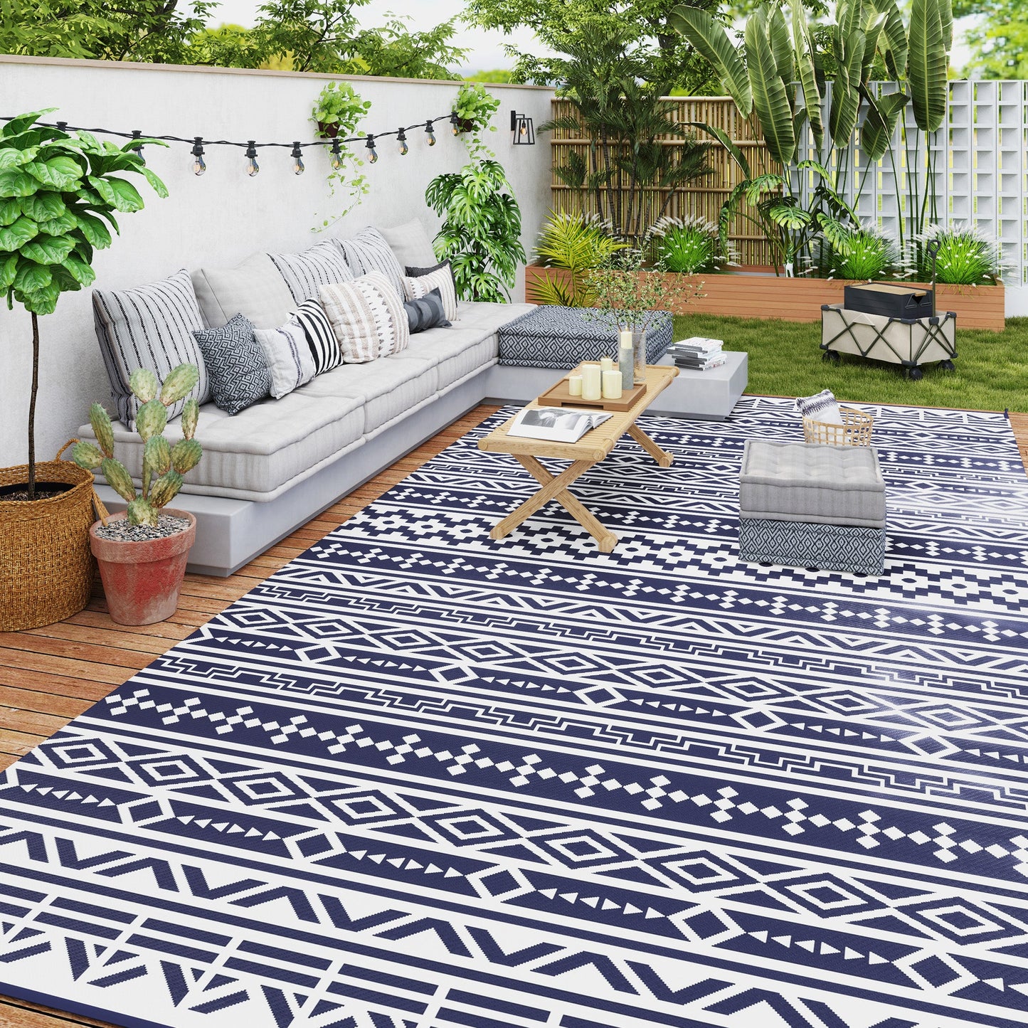 Reversible Outdoor RV Rug with Carry Bag, 9' x 18' Patio Floor Mat, Plastic Straw Rug for Backyard, Deck, Picnic, Beach, Camping, Geometric Wall, Blue and White
