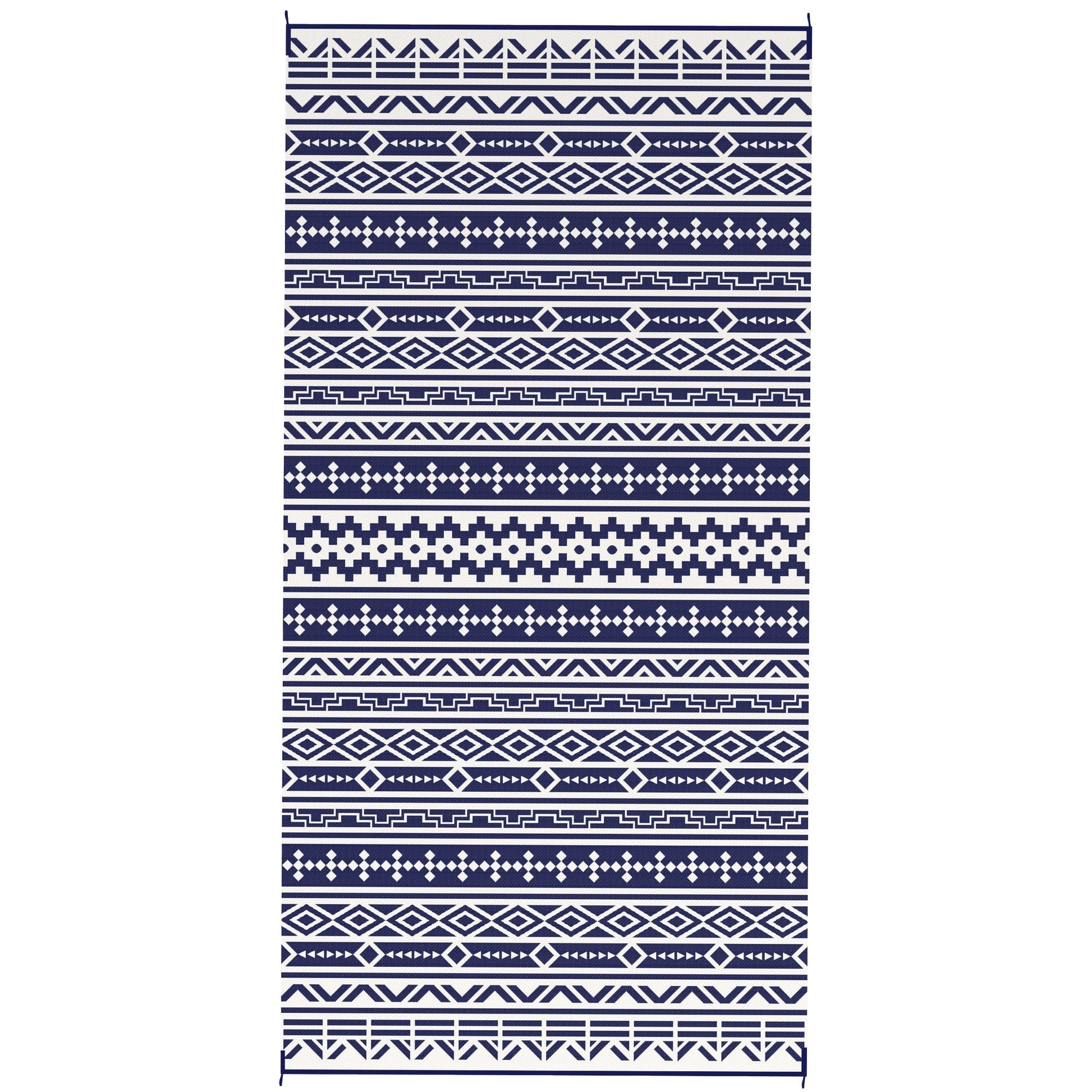 Reversible Outdoor RV Rug with Carry Bag, 9' x 18' Patio Floor Mat, Plastic Straw Rug for Backyard, Deck, Picnic, Beach, Camping, Geometric Wall, Blue and White