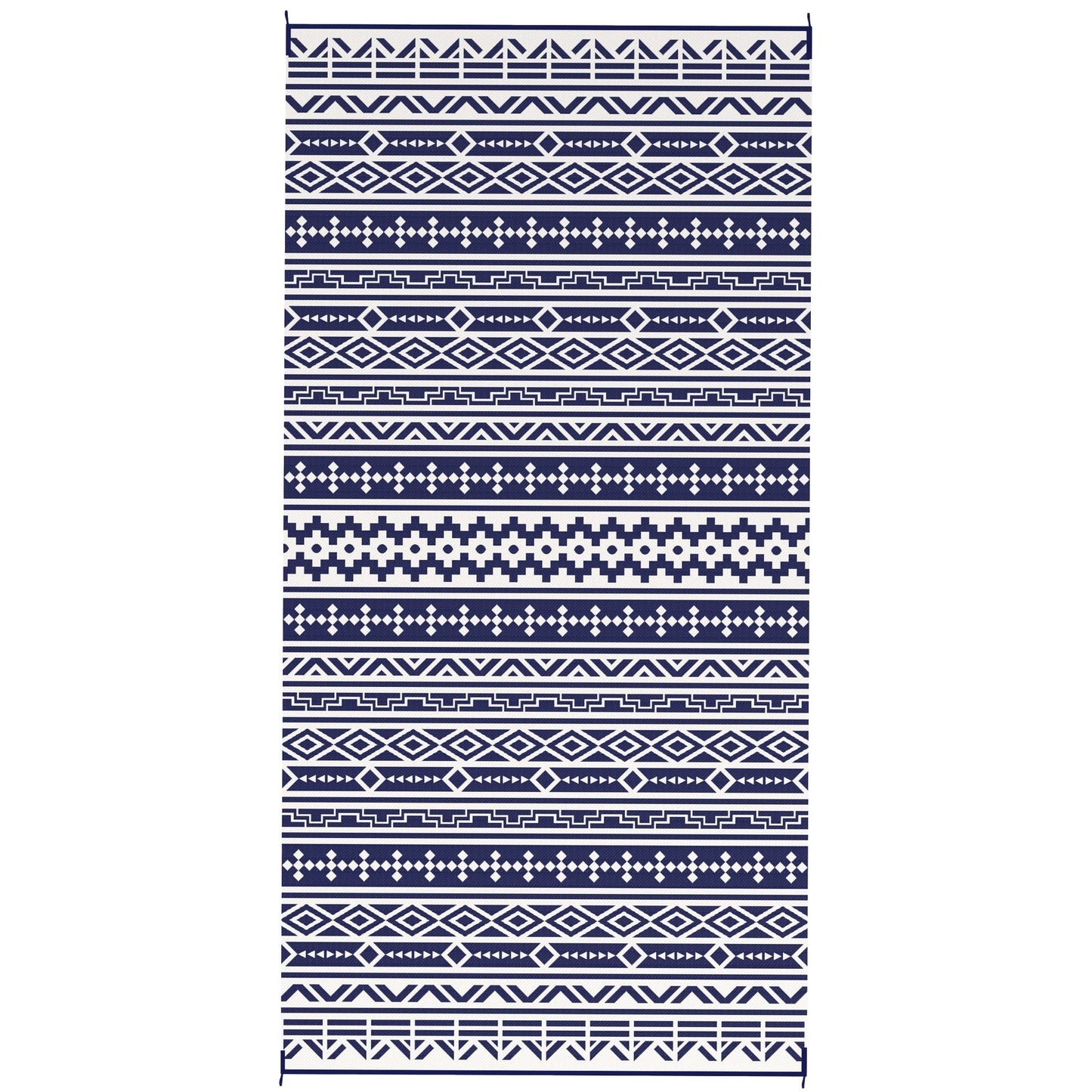 Reversible Outdoor RV Rug with Carry Bag, 9' x 18' Patio Floor Mat, Plastic Straw Rug for Backyard, Deck, Picnic, Beach, Camping, Geometric Wall, Blue and White