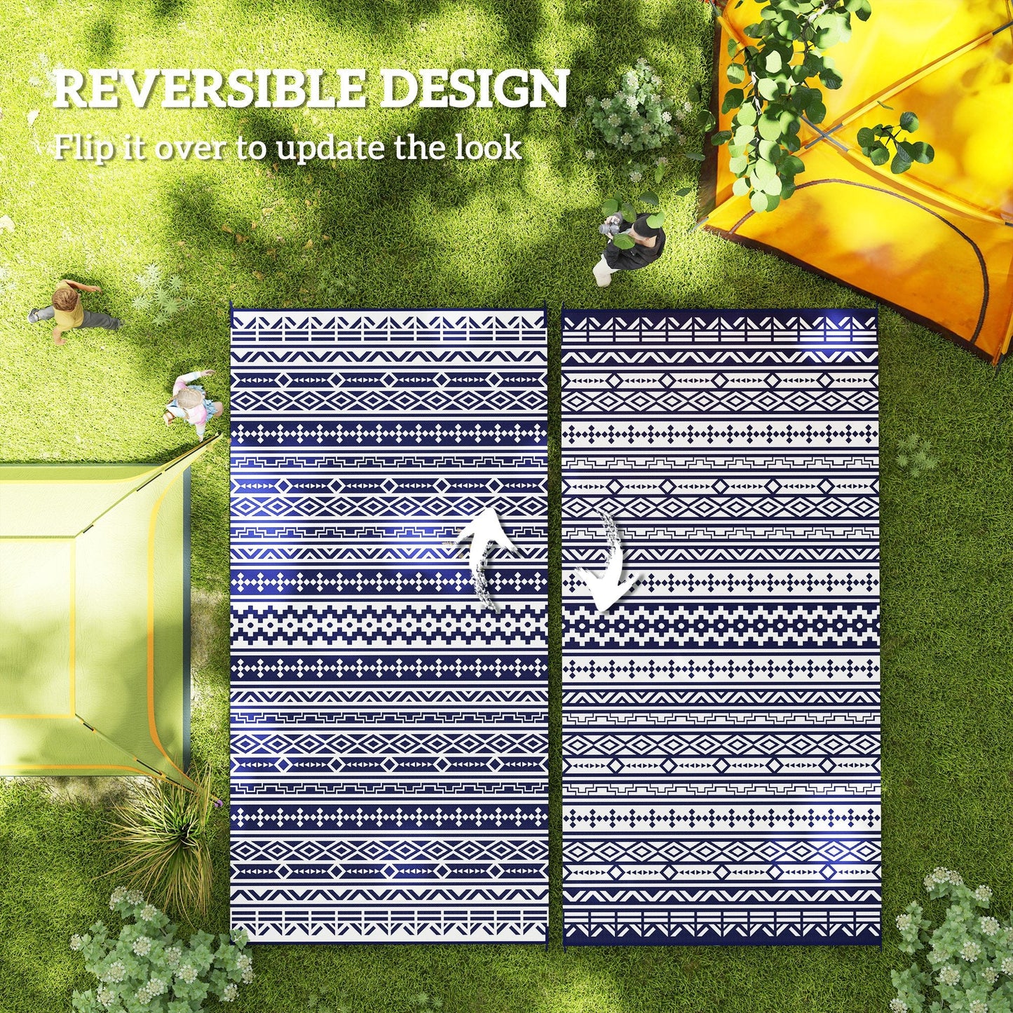 Reversible Outdoor RV Rug with Carry Bag, 9' x 18' Patio Floor Mat, Plastic Straw Rug for Backyard, Deck, Picnic, Beach, Camping, Geometric Wall, Blue and White