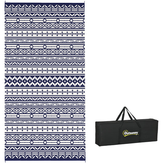 Reversible Outdoor RV Rug with Carry Bag, 9' x 18' Patio Floor Mat, Plastic Straw Rug for Backyard, Deck, Picnic, Beach, Camping, Geometric Wall, Blue and White