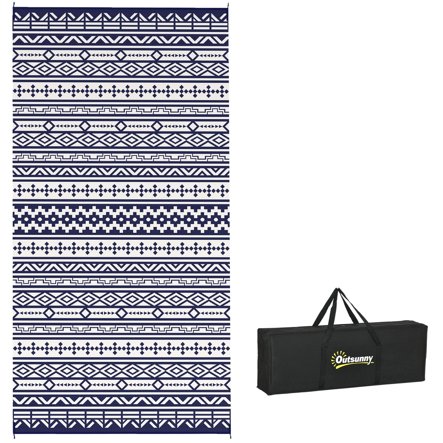 Reversible Outdoor RV Rug with Carry Bag, 9' x 18' Patio Floor Mat, Plastic Straw Rug for Backyard, Deck, Picnic, Beach, Camping, Geometric Wall, Blue and White