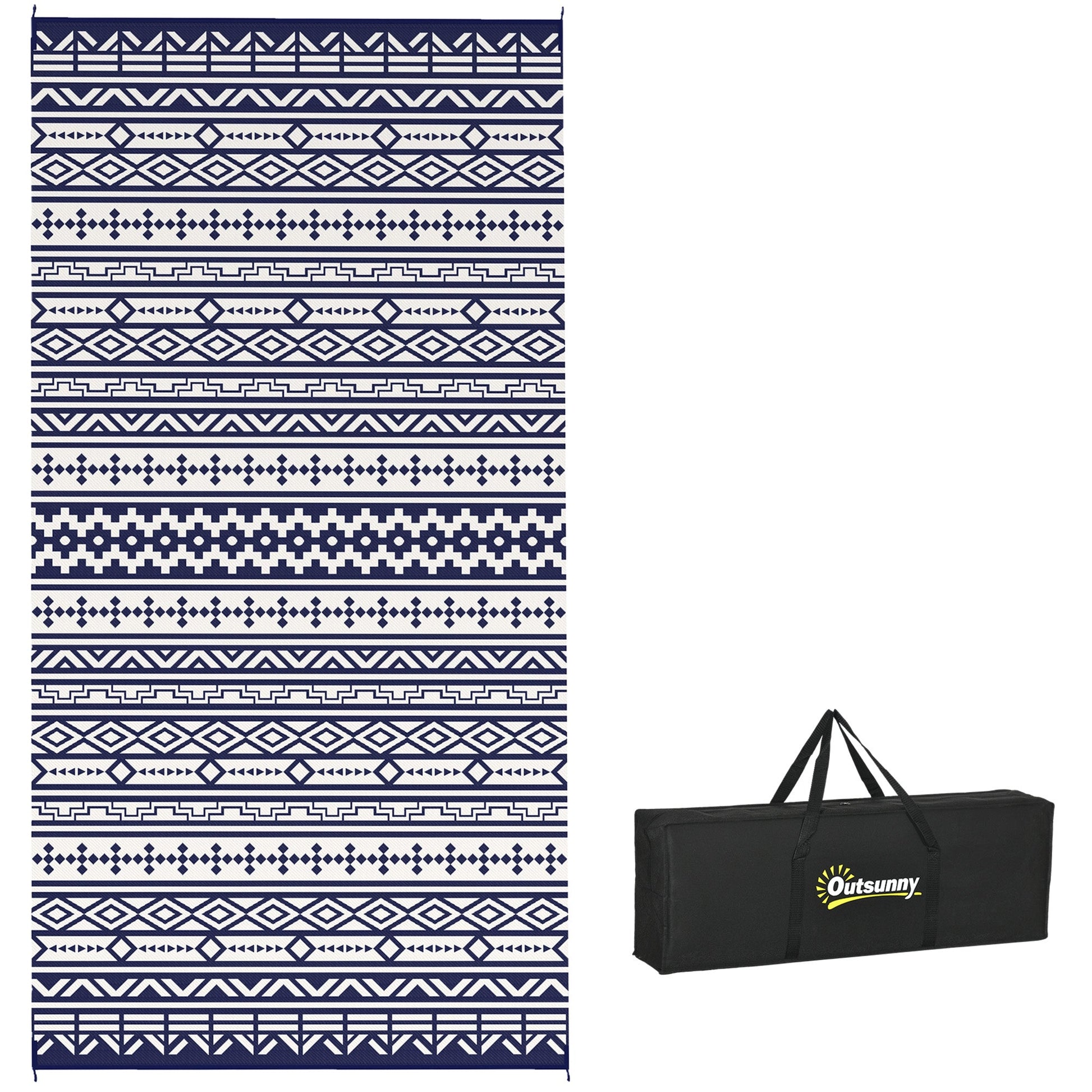 Reversible Outdoor RV Rug with Carry Bag, 9' x 18' Patio Floor Mat, Plastic Straw Rug for Backyard, Deck, Picnic, Beach, Camping, Geometric Wall, Blue and White