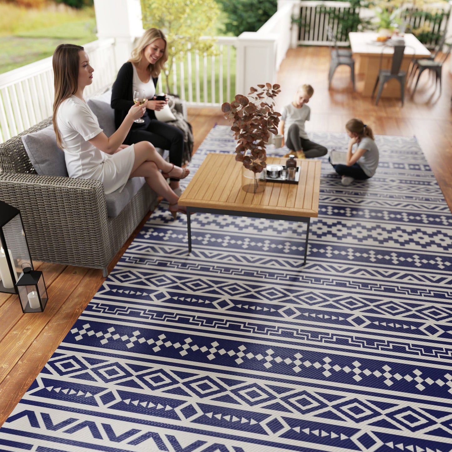Reversible Outdoor RV Rug with Carry Bag, 9' x 18' Patio Floor Mat, Plastic Straw Rug for Backyard, Deck, Picnic, Beach, Camping, Geometric Wall, Blue and White
