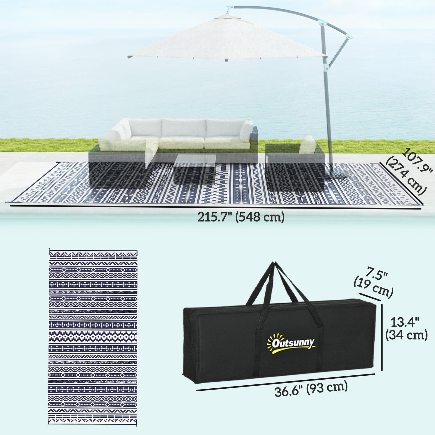 Reversible Outdoor RV Rug with Carry Bag, 9' x 18' Patio Floor Mat, Plastic Straw Rug for Backyard, Deck, Picnic, Beach, Camping, Geometric Wall, Blue and White