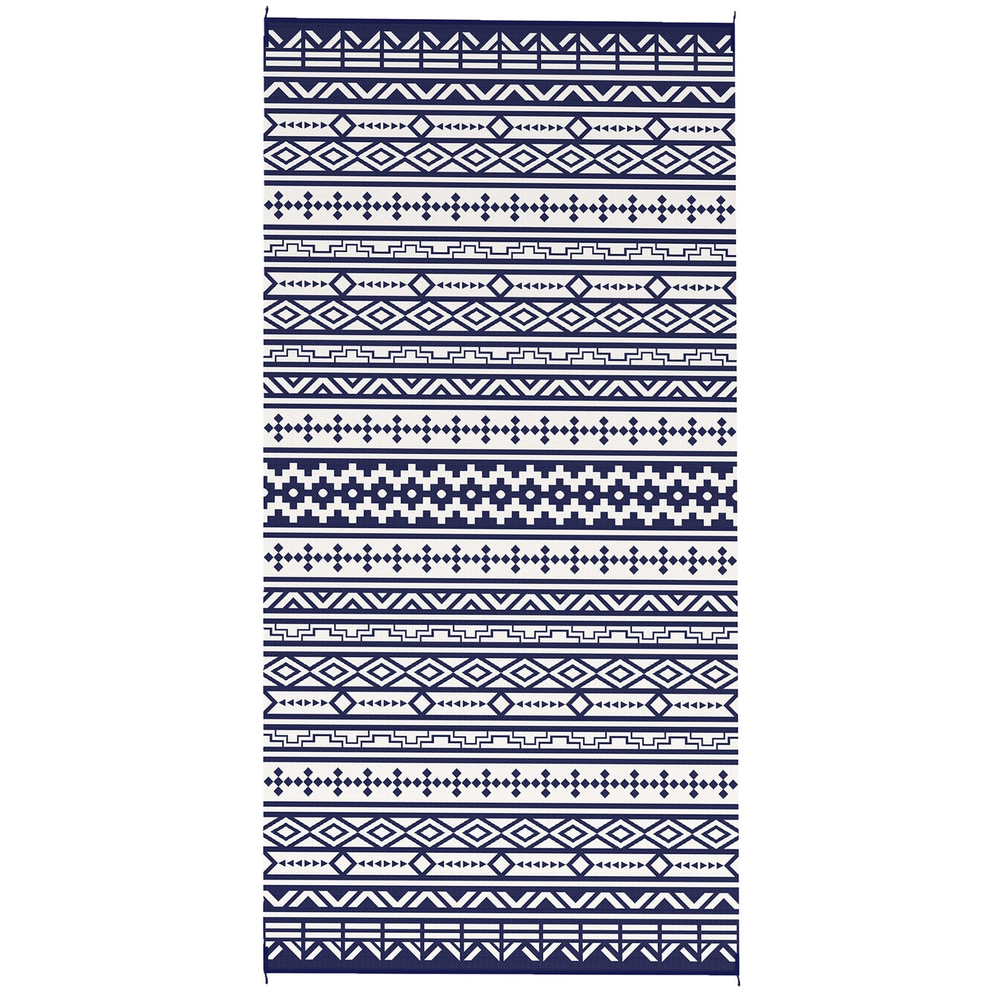 Reversible Outdoor RV Rug with Carry Bag, 9' x 18' Patio Floor Mat, Plastic Straw Rug for Backyard, Deck, Picnic, Beach, Camping, Geometric Wall, Blue and White