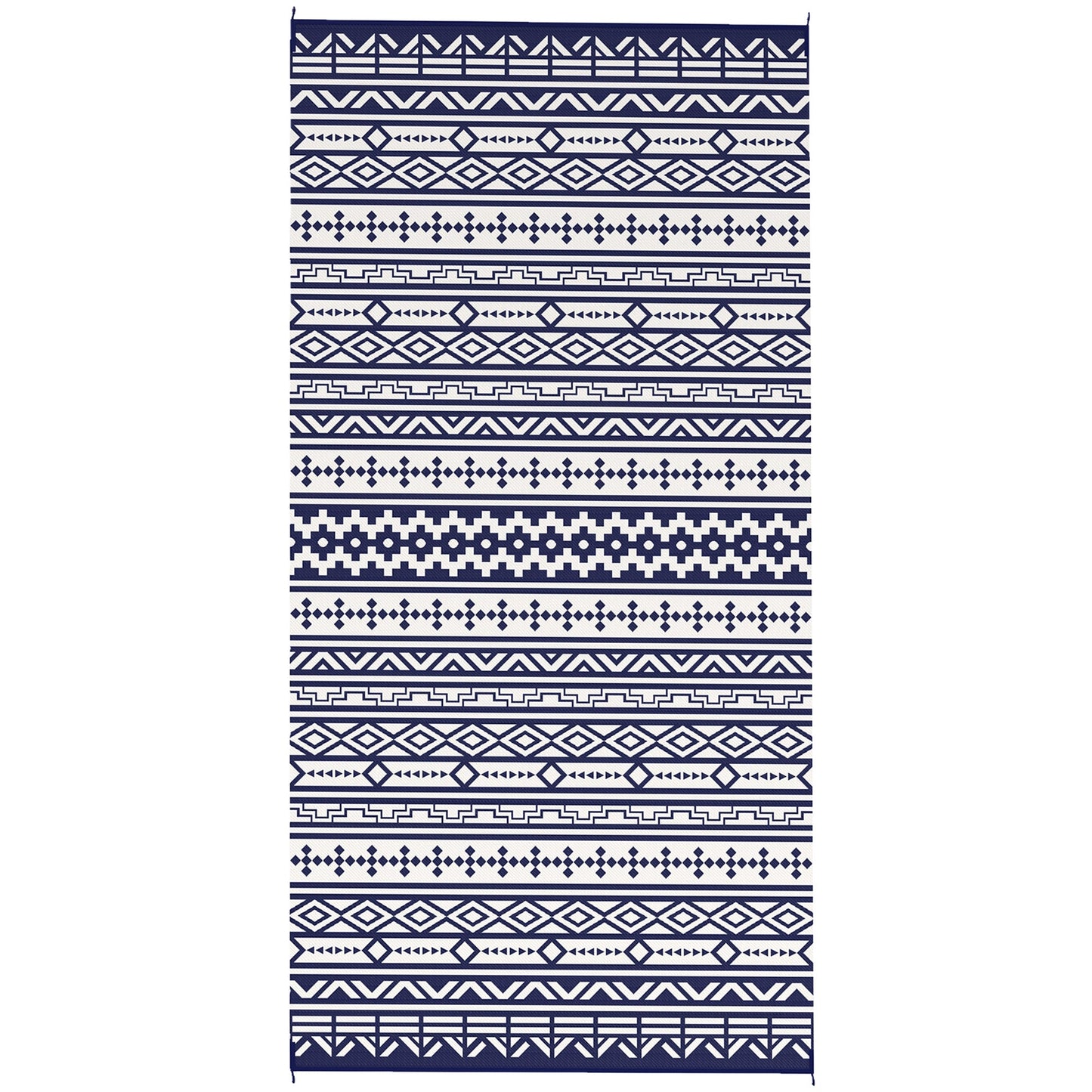 Reversible Outdoor RV Rug with Carry Bag, 9' x 18' Patio Floor Mat, Plastic Straw Rug for Backyard, Deck, Picnic, Beach, Camping, Geometric Wall, Blue and White