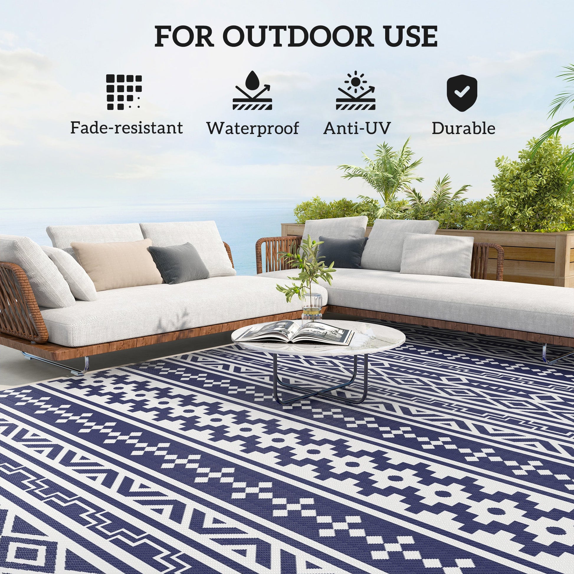 Reversible Outdoor RV Rug with Carry Bag, 9' x 18' Patio Floor Mat, Plastic Straw Rug for Backyard, Deck, Picnic, Beach, Camping, Geometric Wall, Blue and White